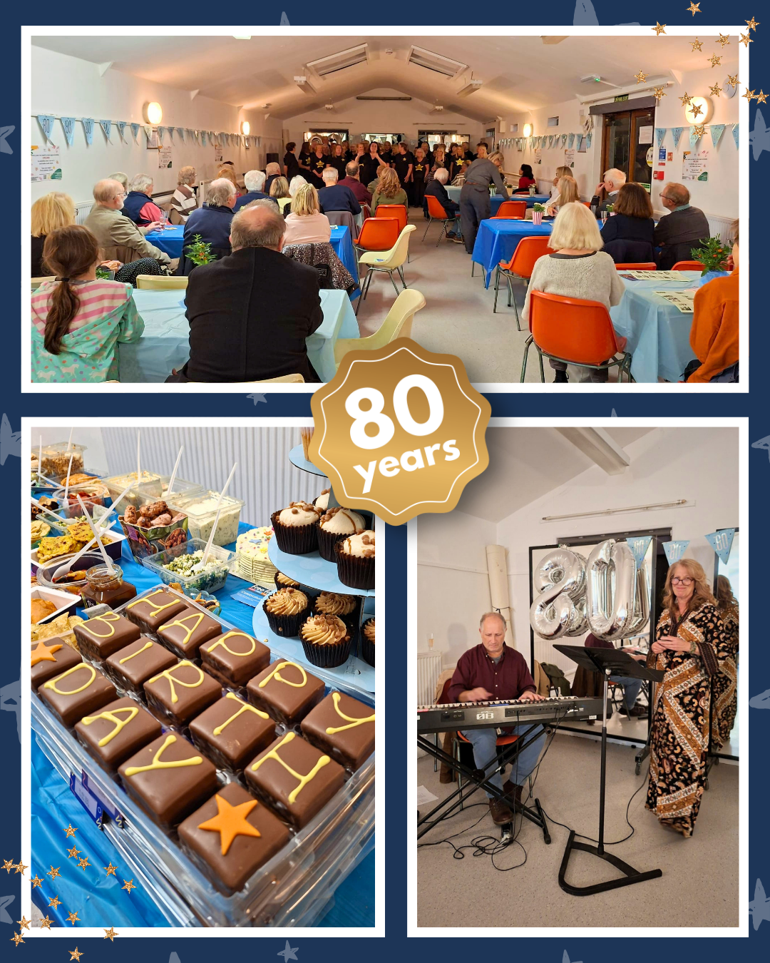 A celebration event with a gathering of people attending in a decorated hall, a table with desserts and cupcakes spelling out 'HAPPY BIRTHDAY,' and a musical performance with a keyboard and singer, celebrating 80 years.