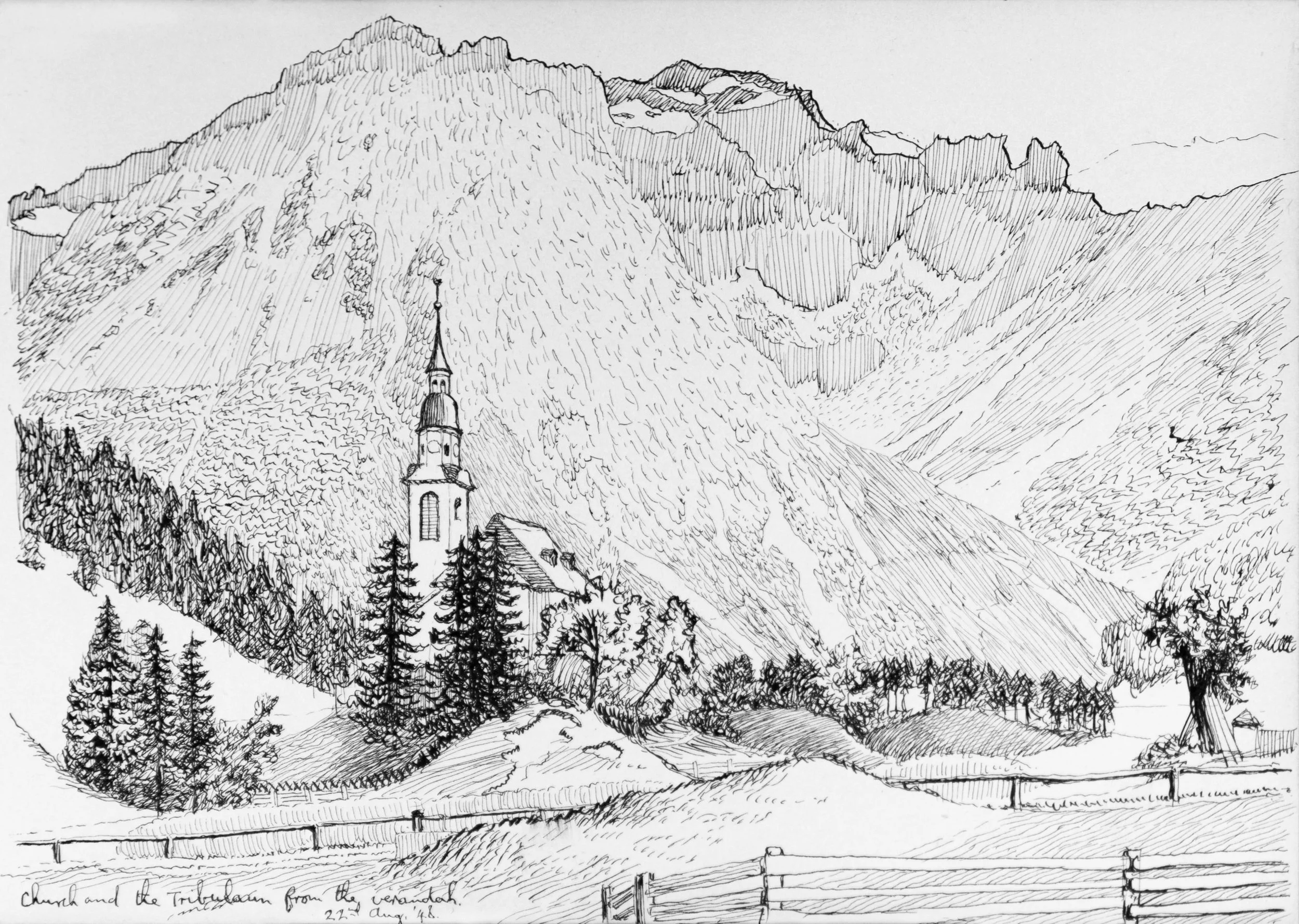 A black and white sketch of a church with a tall steeple, nestled among trees at the foot of a mountain range.