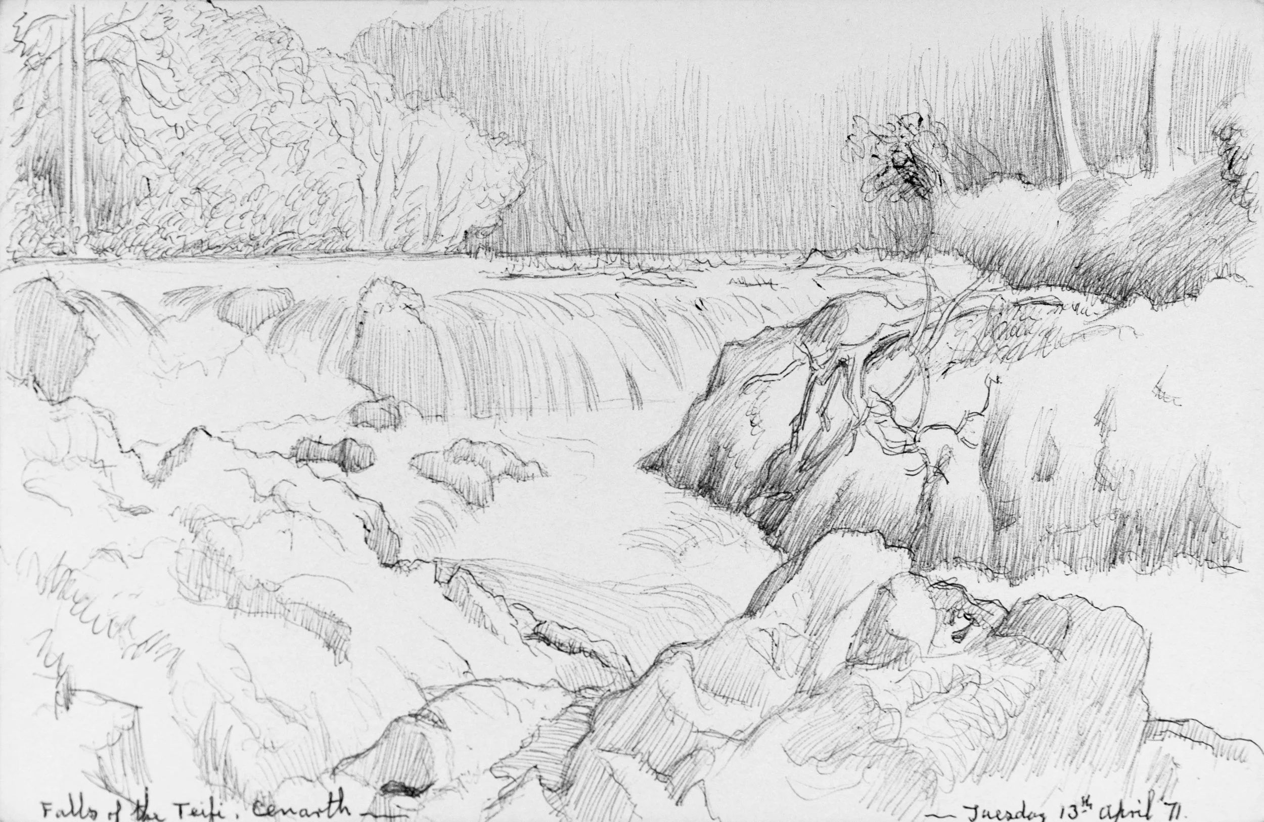 A detailed pencil sketch of a landscape scene showing waterfalls flowing over rocks, surrounded by trees and foliage.