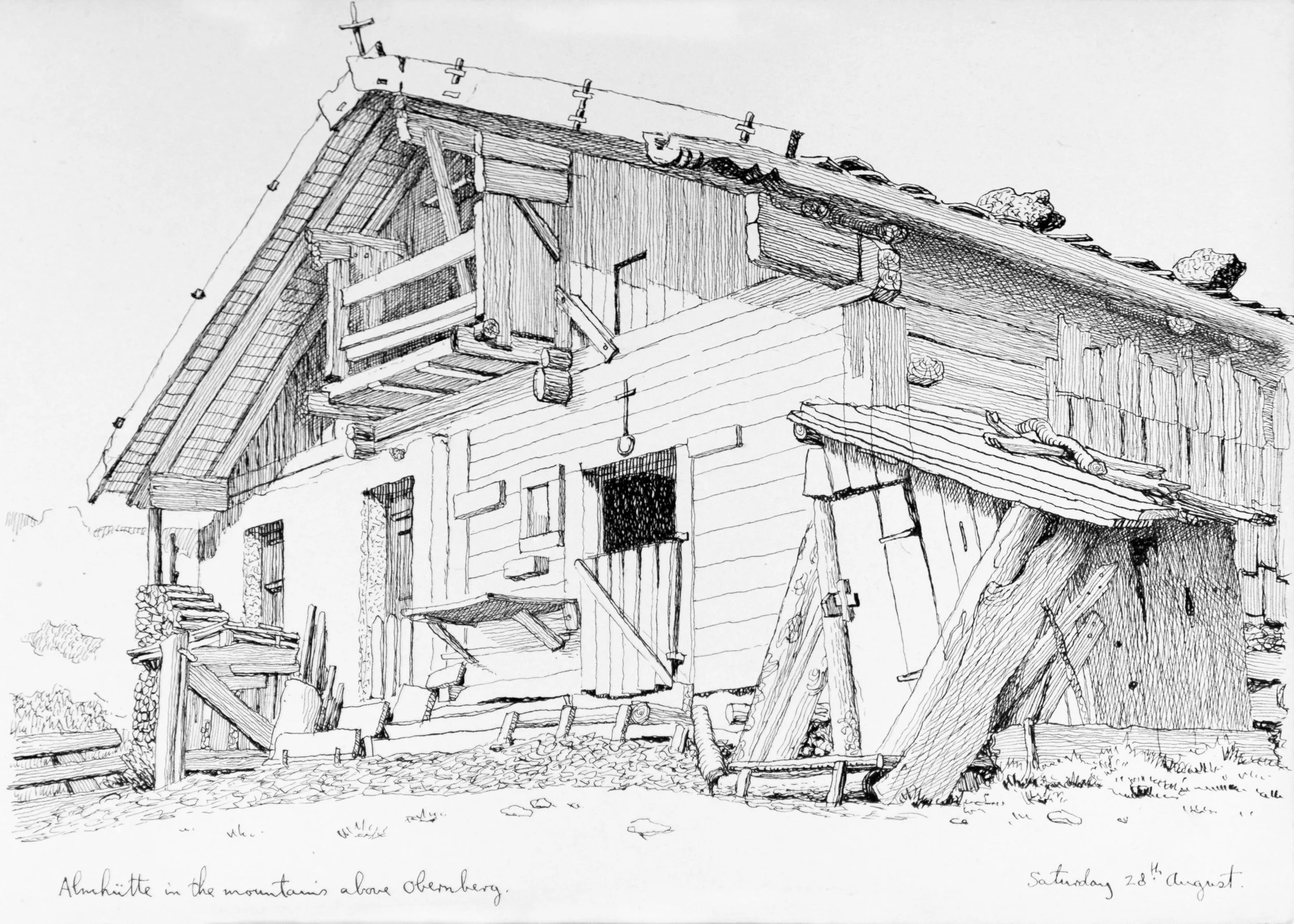 A detailed black and white sketch of a mountain cabin under construction with scaffolding and building materials around it, and trees in the background. There is handwritten text below the sketch.
