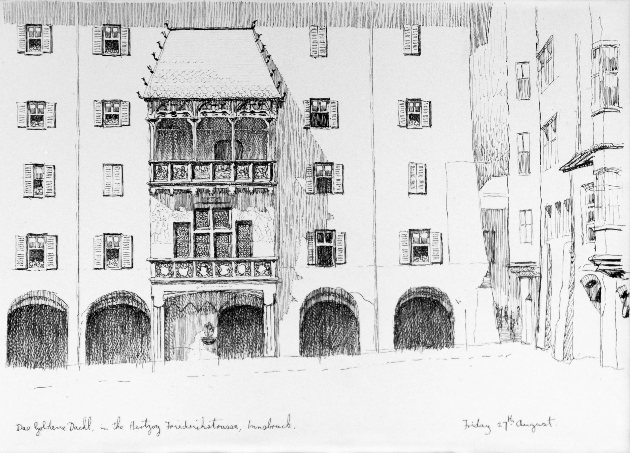 A detailed black and white sketch of a historic building with ornate balconies and arched windows, featuring shutters on some windows, capturing architectural details of the structure.