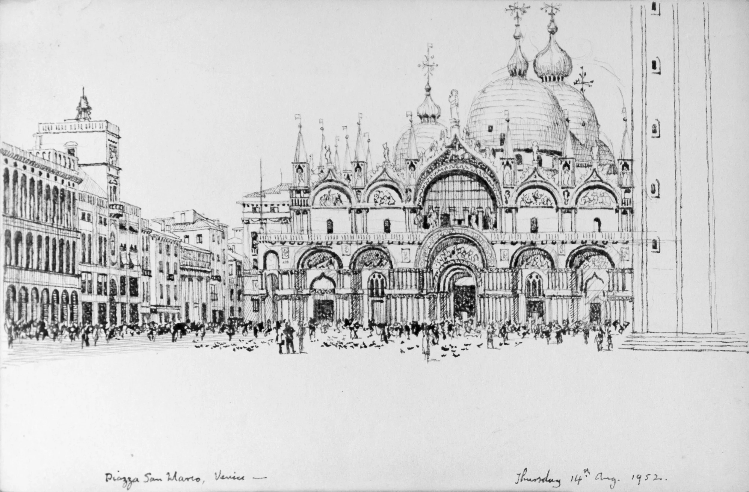 A pencil sketch of San Marco Basilica in Venice, Italy, with detailed architecture, domes, and a crowd in front of the basilica.