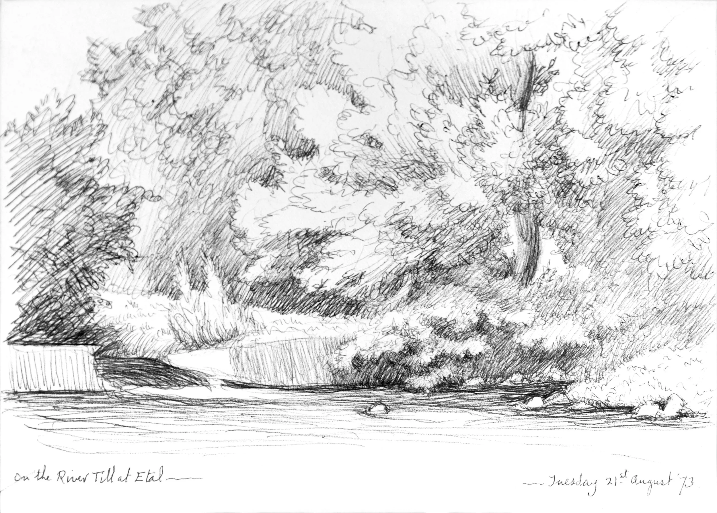 A sketch of a landscape titled 'On the River Till at Etal,' depicting a river scene with trees and possibly a hill or mountain in the background, with handwritten notes at the bottom including the date 'Tuesday 21st August 73'.