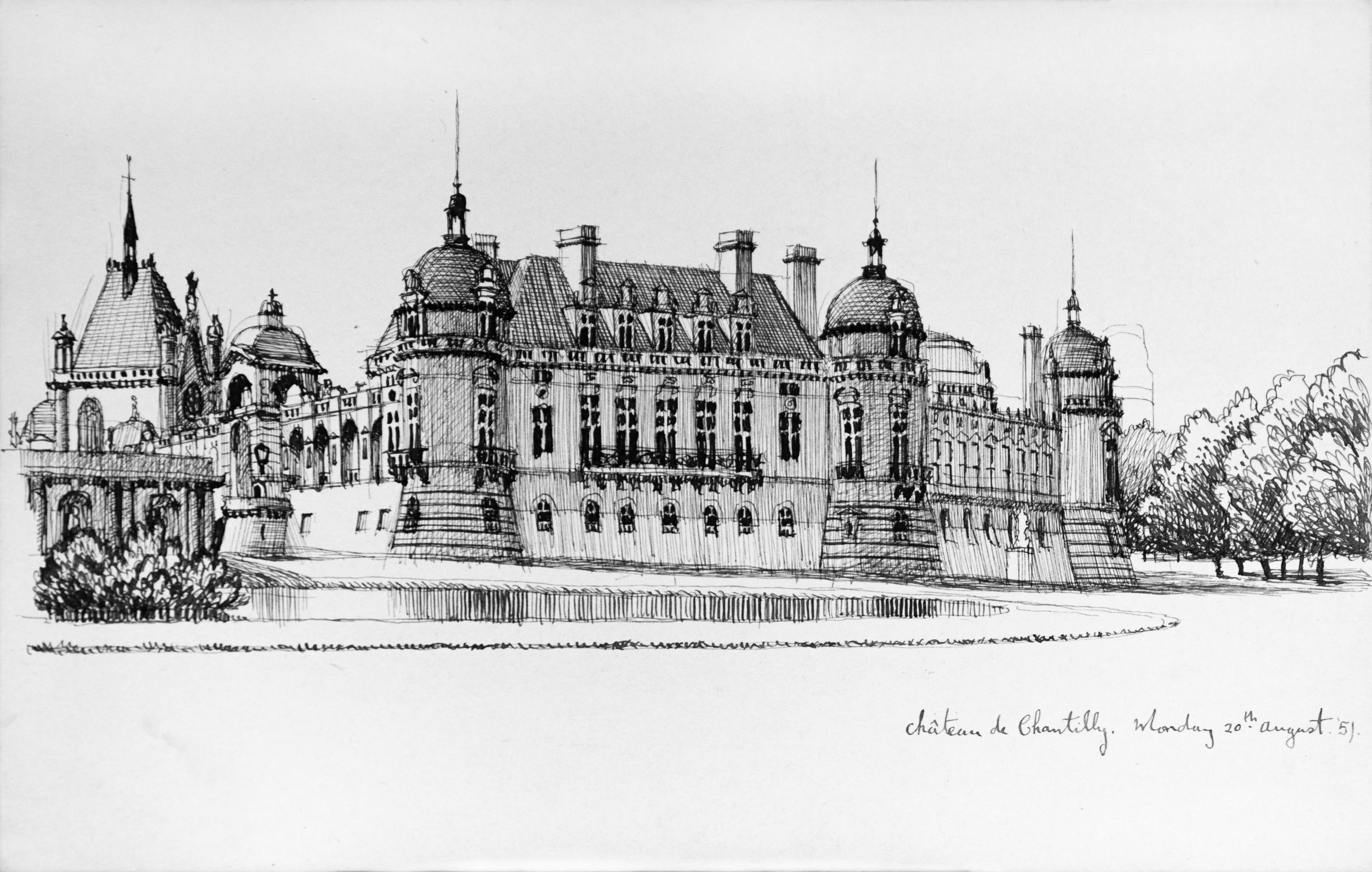 A black and white sketch of Château de Chantilly, with intricate architecture, multiple turrets, and decorative details, dated Monday, August 20th.