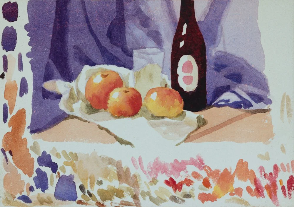 Watercolor painting of a still life with three apples, a bottle of what appears to be soda, and a cloth draped in the background.