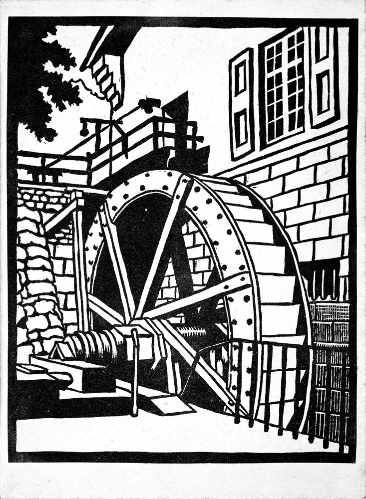 Black and white illustration of a water wheel beside a building with windows and a staircase leading to a balcony with a railing.