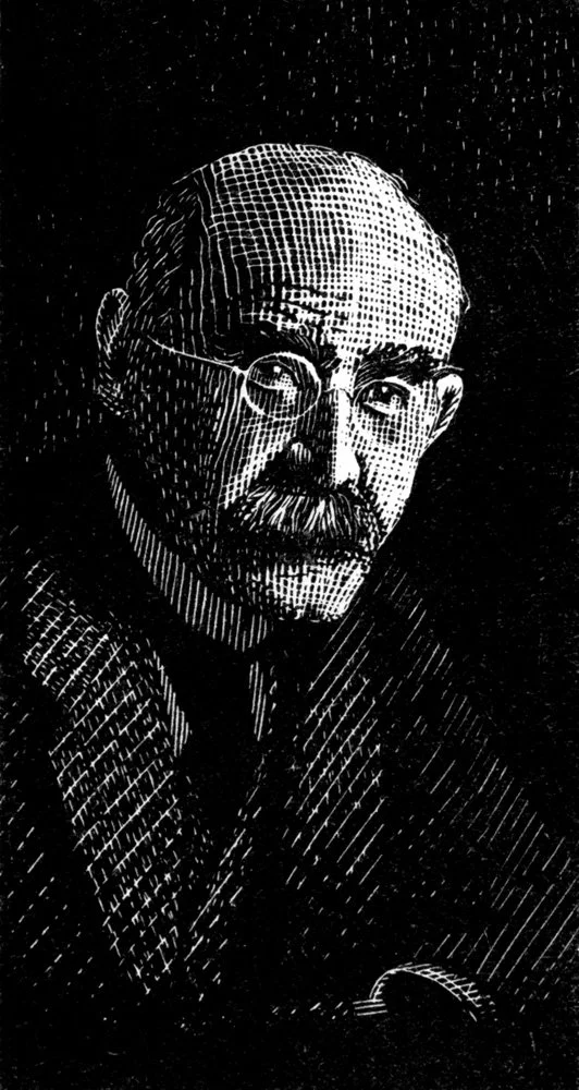 Black and white portrait of a man with glasses and a mustache, wearing a coat, with a serious expression.