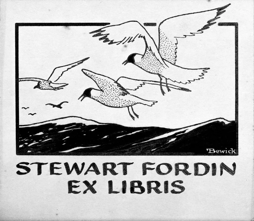 Illustration of seagulls flying over water with hills in the background, with the name Stewart Fordin and the words Ex Libris below.