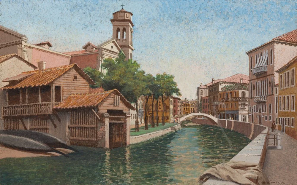 Painting of a canal scene with old wooden houses, colorful buildings, a bridge, and a church tower in the background, with trees and a walkway along the water.