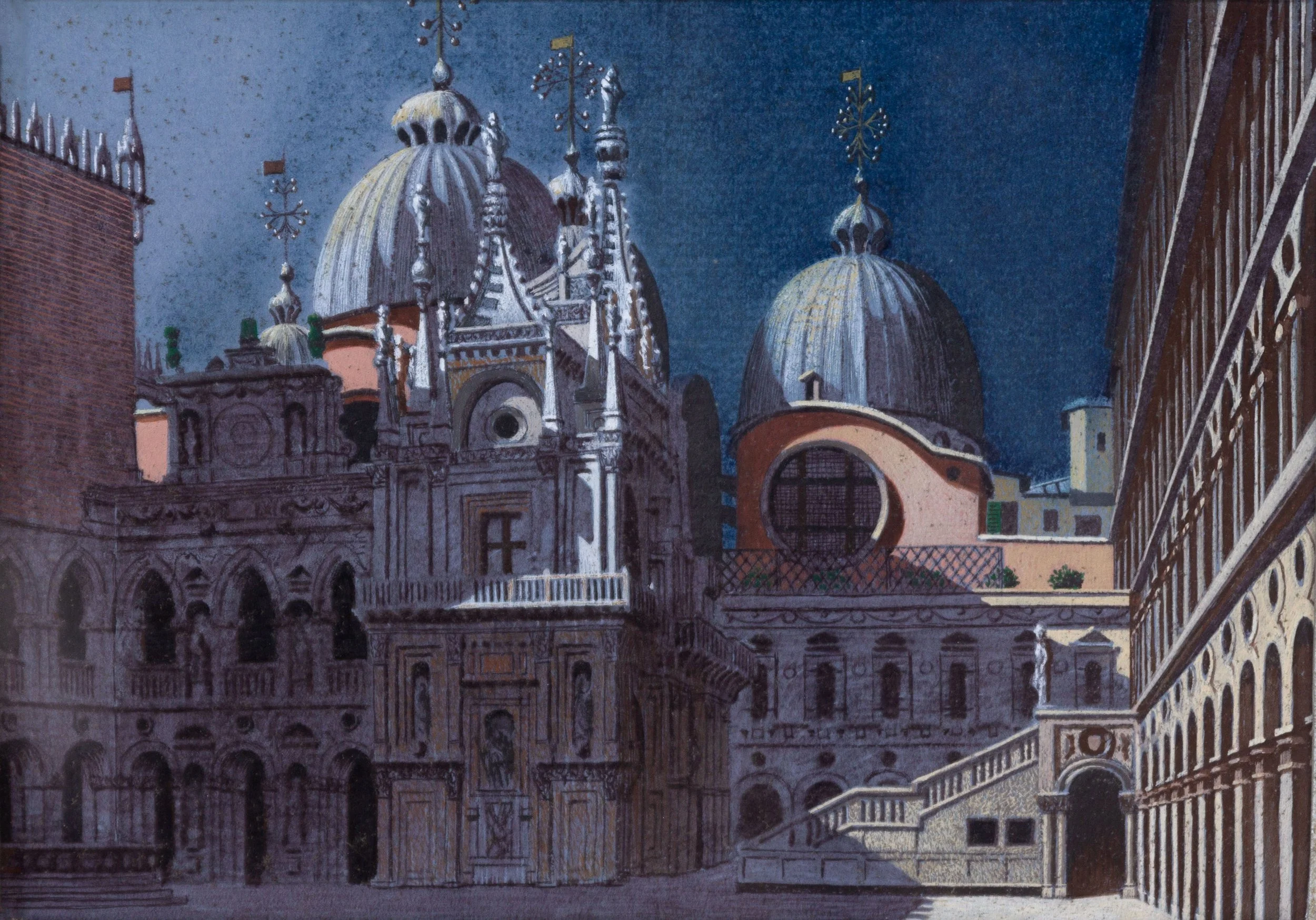 A detailed painting of Venice's St. Mark's Basilica and surrounding buildings at night, with blue sky and illuminated architectural features.