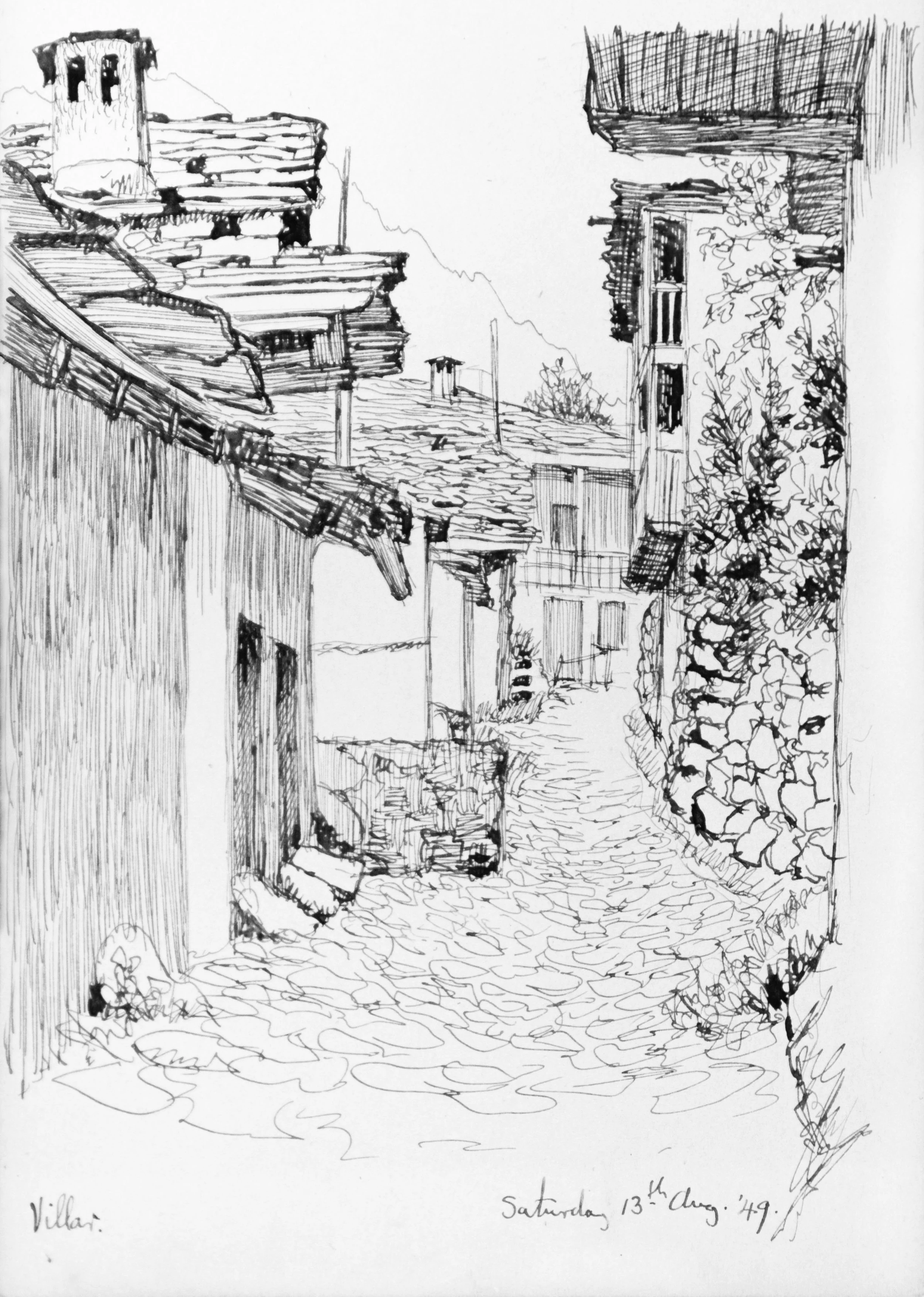 A black and white sketch of a narrow street with tiled rooftops, a small alleyway, and a building on the right side covered in vines. The sketch includes handwritten notes indicating the location as Villar and the date as Saturday, August 13, 1949.