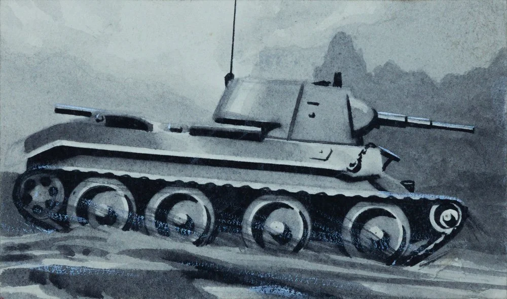 Black and gray illustration of a military tank moving in a rugged landscape