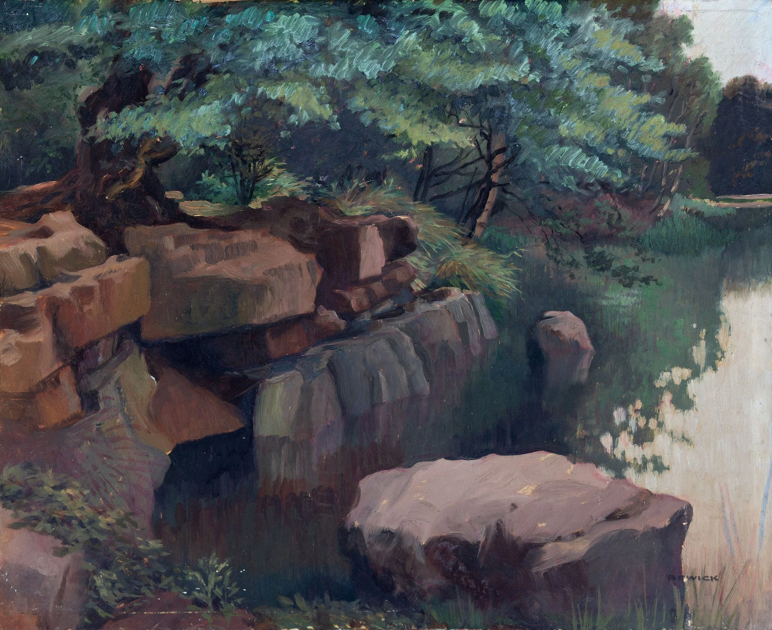 A landscape painting of a lush green hillside with trees, rocks, and bushes, painted with visible brush strokes, likely in an impressionistic style.