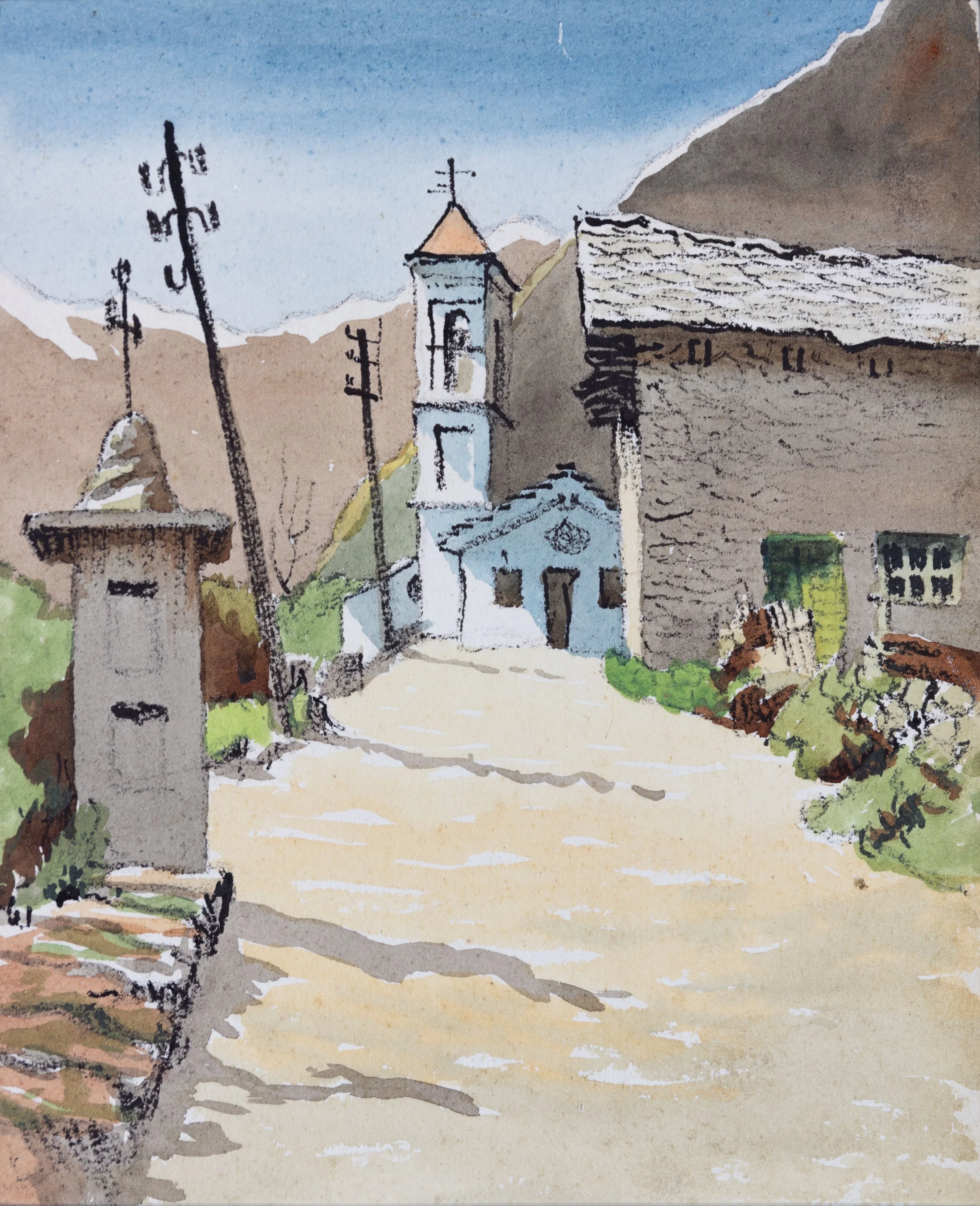 A watercolor painting of a village scene with a church, houses, telephone poles, trees, and a dirt road, under a partly cloudy sky.