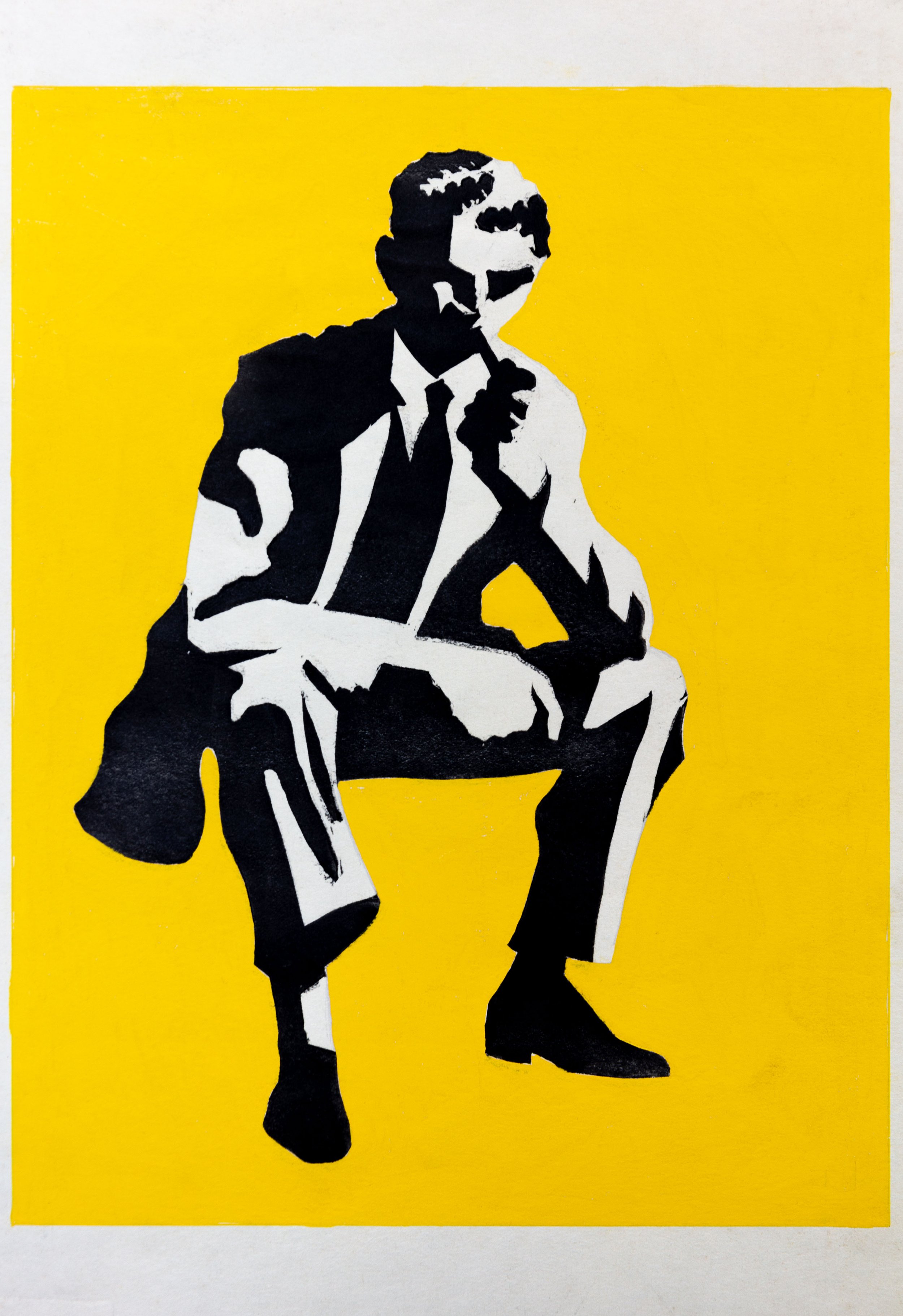 Stencil-style black and white image of a man in a suit with glasses, sitting with one knee up, biting a pipe, against a bright yellow background.