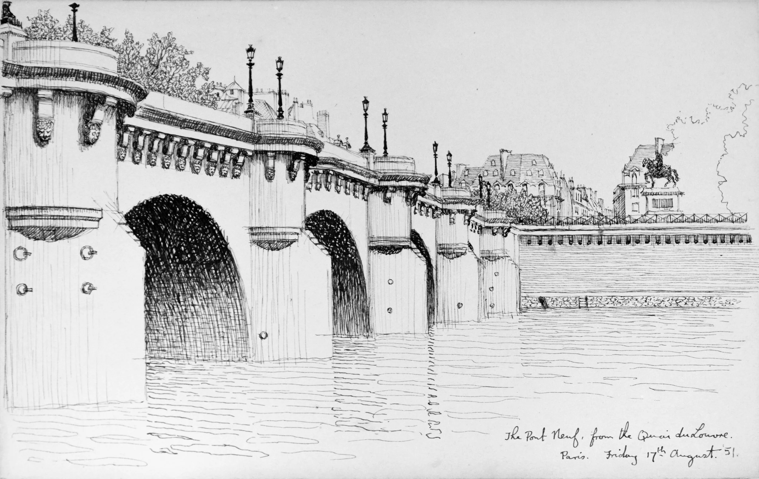 A detailed black-and-white sketch of a Parisian bridge over a river, featuring decorative arches, street lamps on the bridge, trees, and buildings with classic rooftops in the background. Handwritten notes mention the Pont Neuf in Paris from the quay
