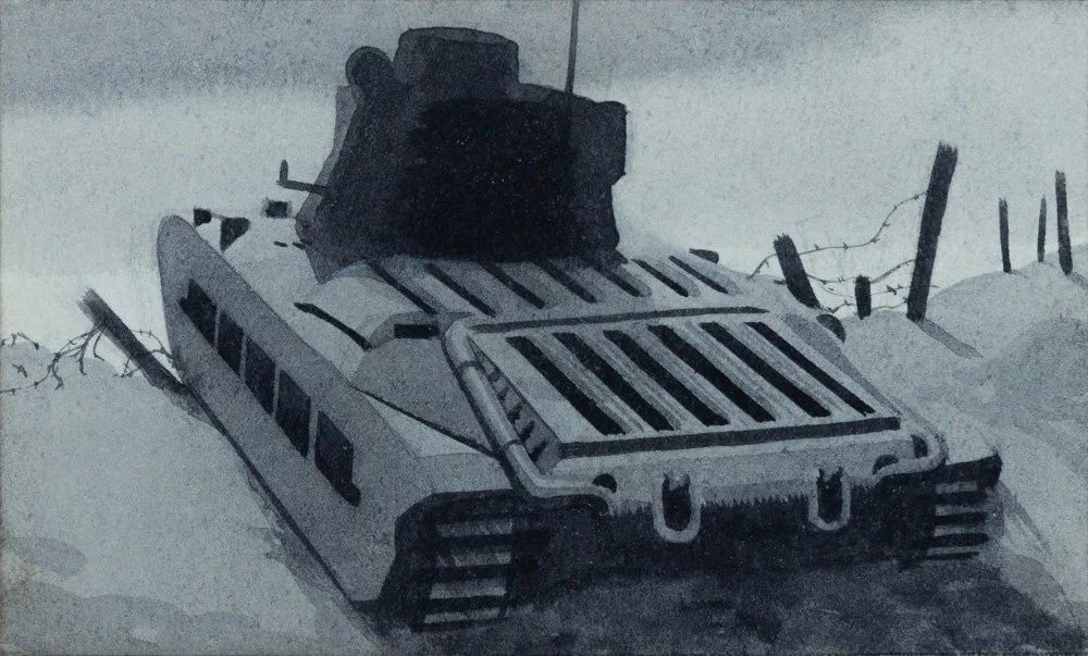 A destroyed military vehicle or tank in a snow-covered landscape with broken fence posts and a barbed wire fence.