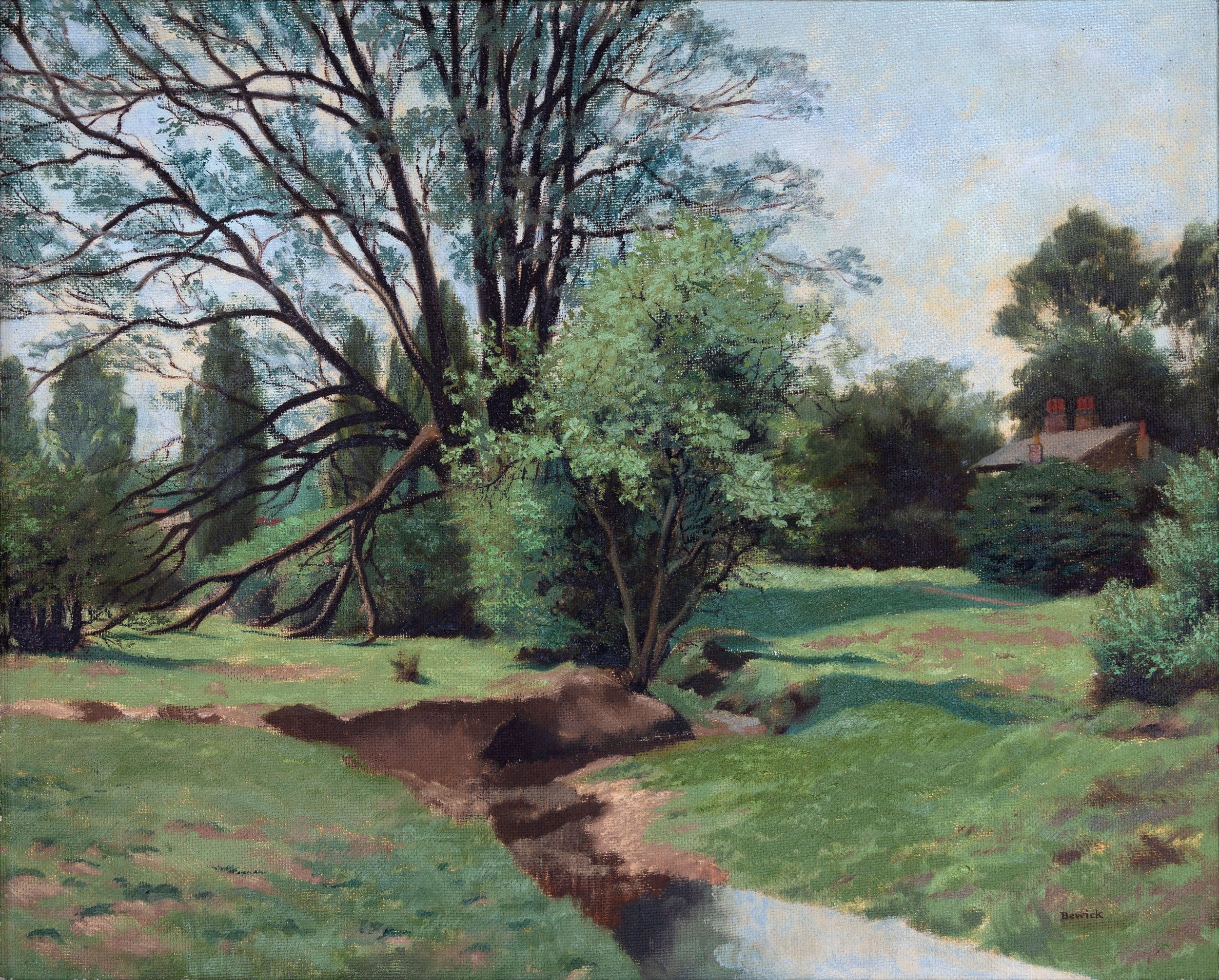 A painting of a large tree with many branches and green leaves, set in a grassy landscape with a house with chimneys in the background, under a light blue sky.