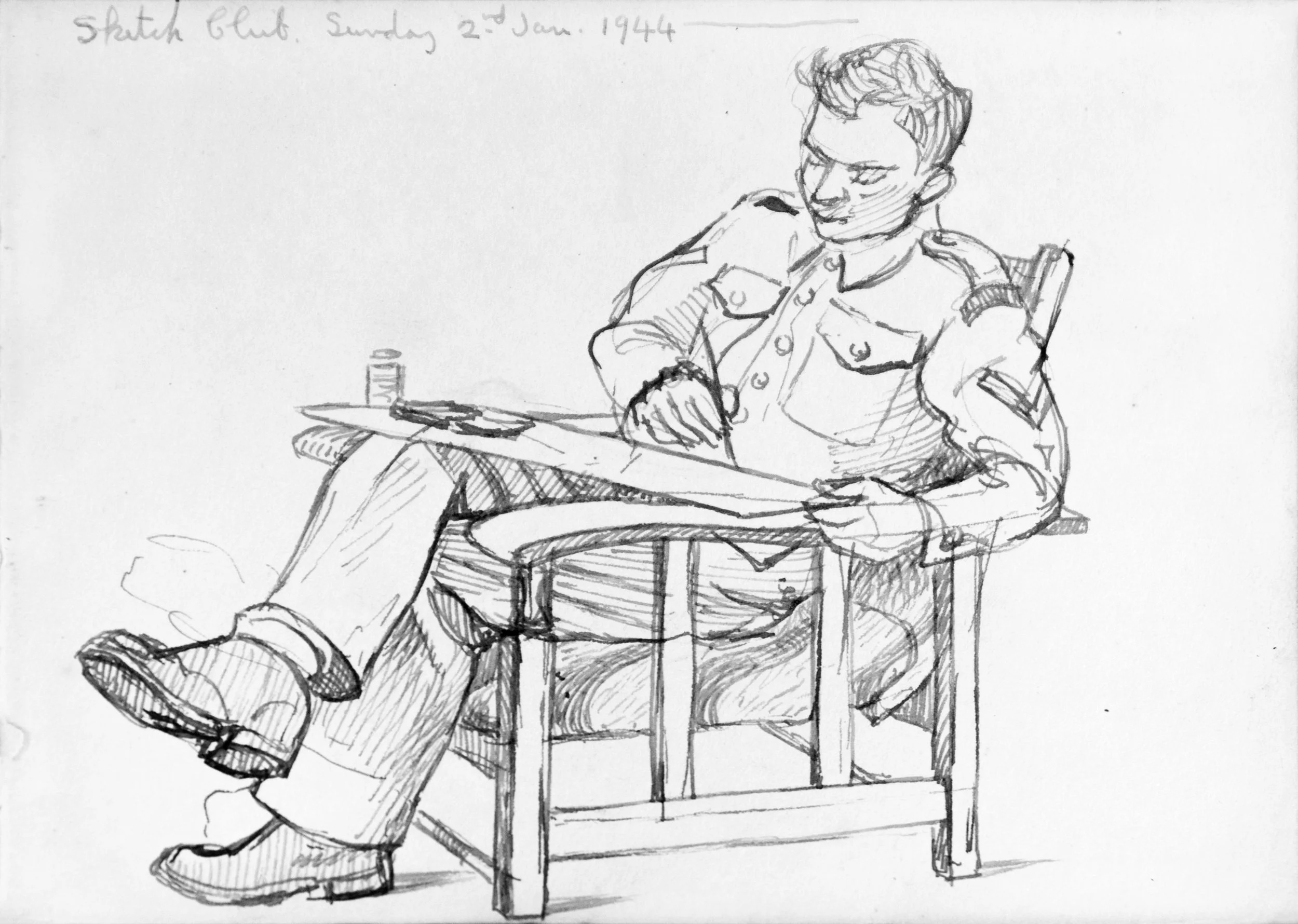 A pencil sketch of a man in military uniform sitting on a chair, looking down with his hand on his knee. There is a small table beside him with a can and some objects on it. The sketch is titled "Sketch Club Sunday 2nd Jan 1944" at the top.