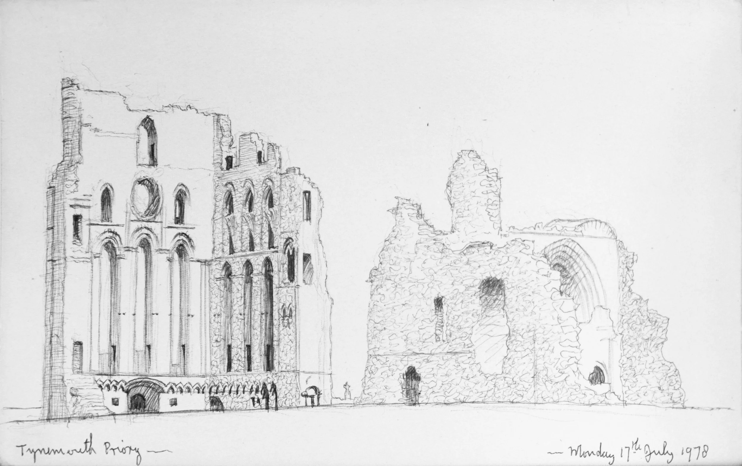 A sketch of the ruins of a large, historic building, labeled 'Tynemouth Priory,' with architectural details and some trees in the background, dated July 17, 1978.