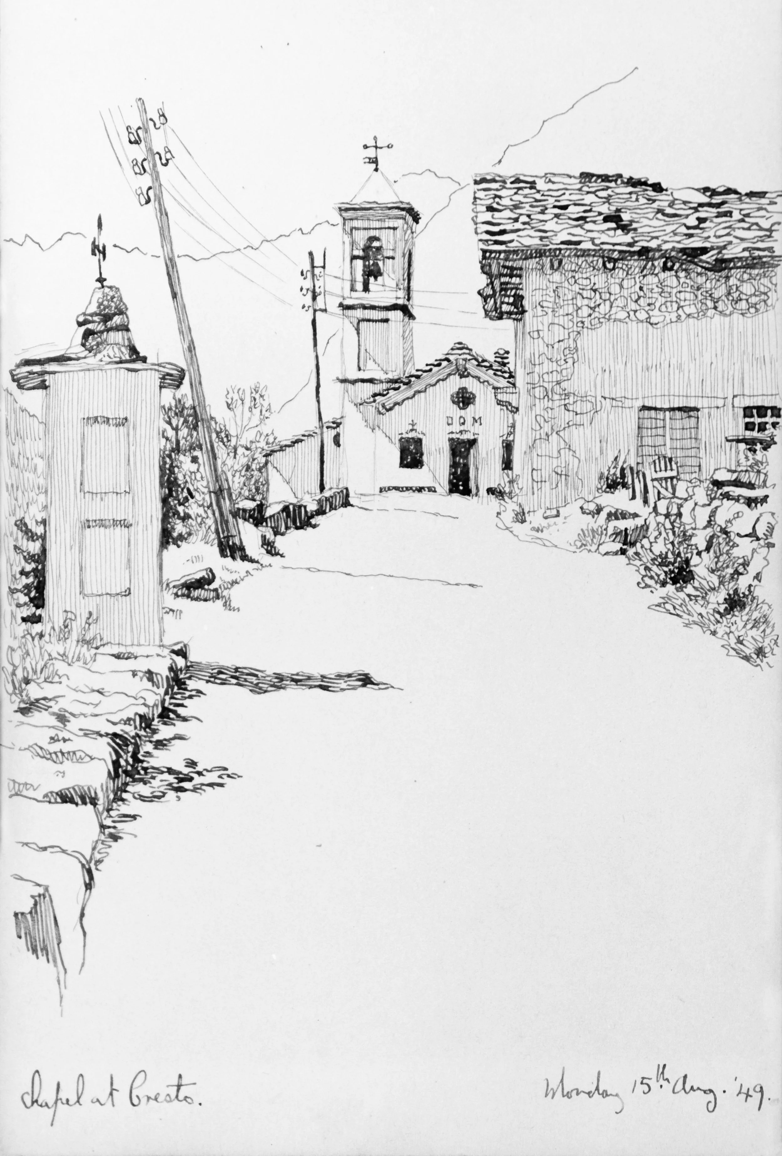 A detailed black-and-white sketch of a chapel at Gresta, depicting a small building with a bell tower, timbers, and a stone wall, with handwritten notes indicating the location and date as August 15, 1949.