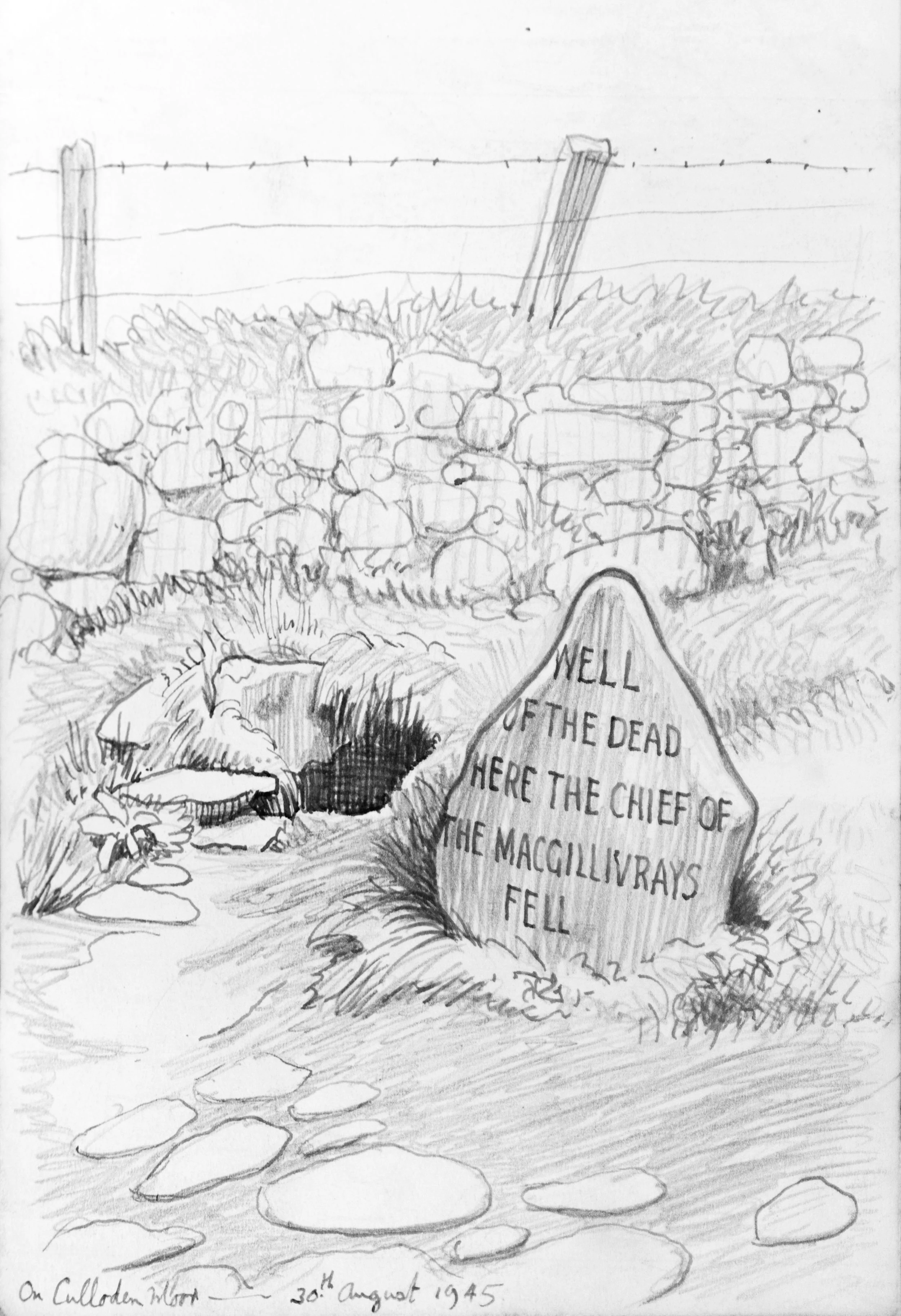 A pencil sketch of a graveyard scene at Culloden Moor, dated August 30, 1945. The drawing features a prominent gravestone with the inscription, "WELL OF THE DEAD HERE THE CHIEF OF THE MACGILVRAYS FELL," surrounded by rocks, plants, and a stream with 