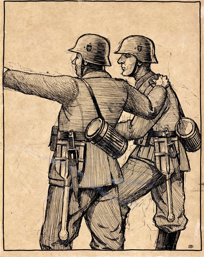 Sketch of two soldiers in helmets, one pointing, with rifles and canteens, depicted in a vintage, detailed line drawing style.