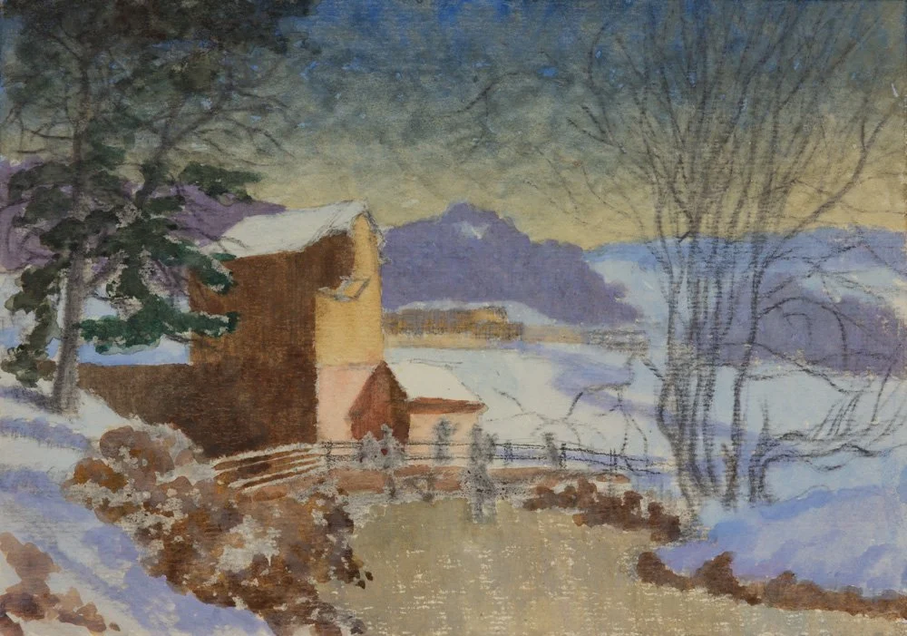 A winter landscape painting of a rural scene with a house, trees, snow-covered ground, and a river, with mountains in the background.