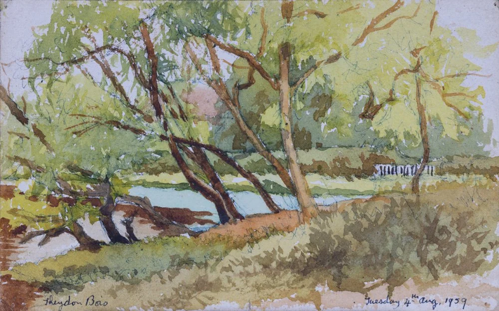 Watercolor painting of a landscape with trees near a body of water, with a small bridge in the distance, signed by the artist and dated August 4, 1959.