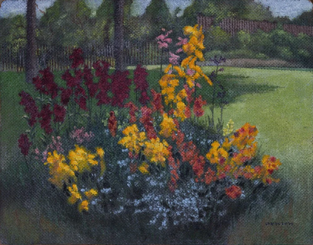 A garden with colorful flowers including red, yellow, orange, and white, with a fence and trees in the background, painted in an impressionistic style.