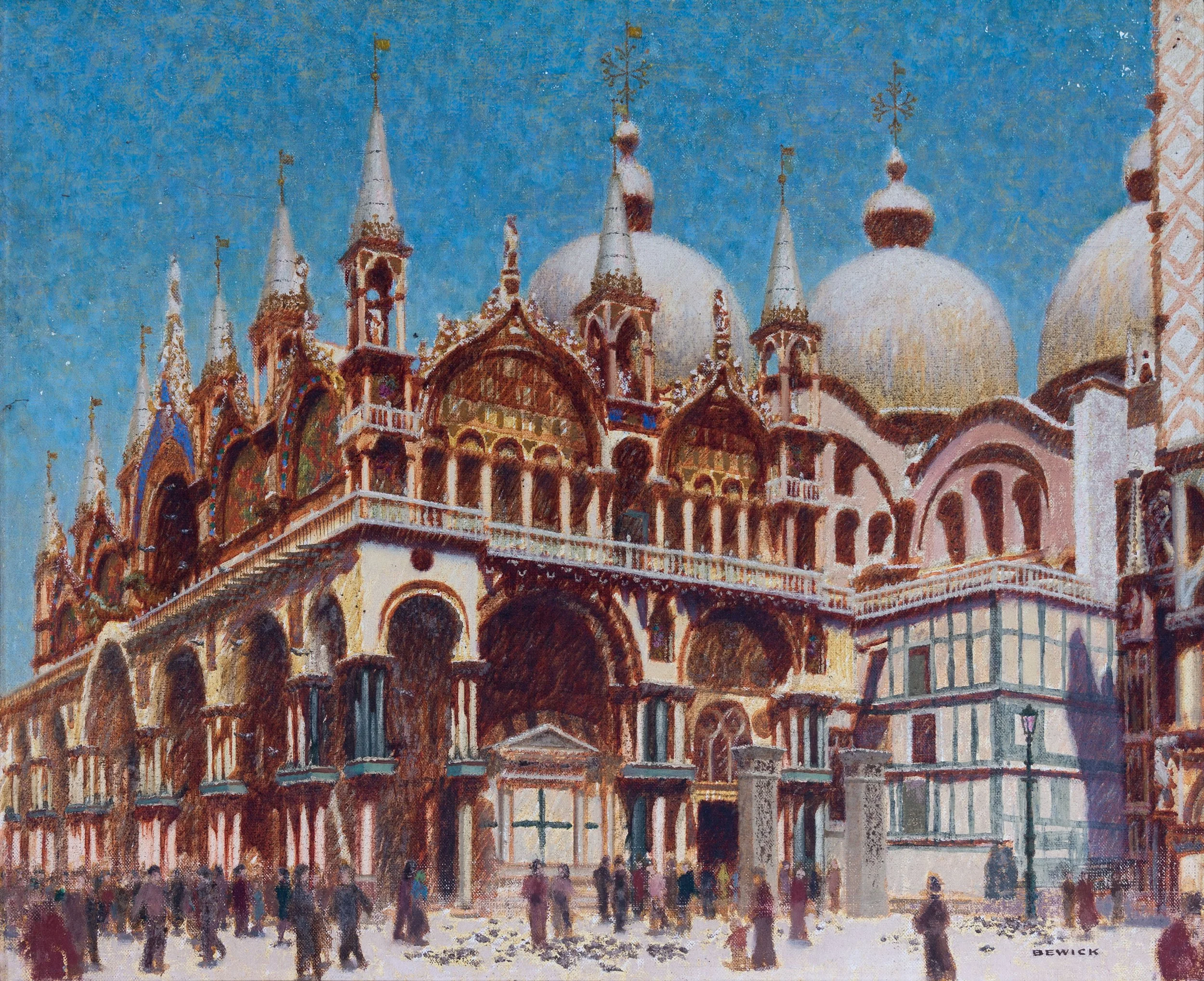 Painting of a European city with tall pointed spires and ornate architecture, under a blue sky. The scene includes a large building with multiple turrets and domes, and appears to be a cathedral or historic landmark.