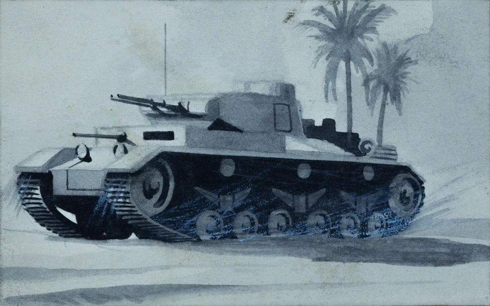 A black and white painting of a military tank driving through a desert with palm trees in the background.