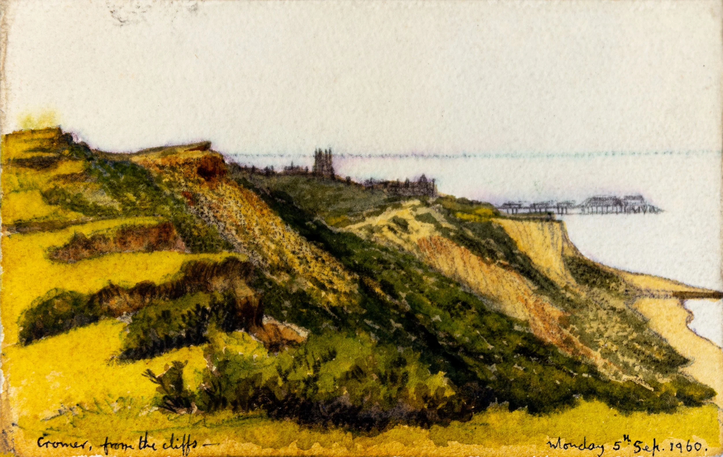 Watercolor painting of cliffs overlooking the ocean with a lighthouse or castle in the distance, under a cloudy sky, dated Monday 5th September 1960.