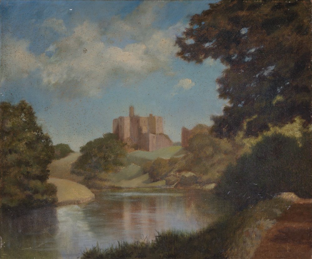 A landscape painting depicting a castle on a hill overlooking a river, with trees and a partly cloudy sky.