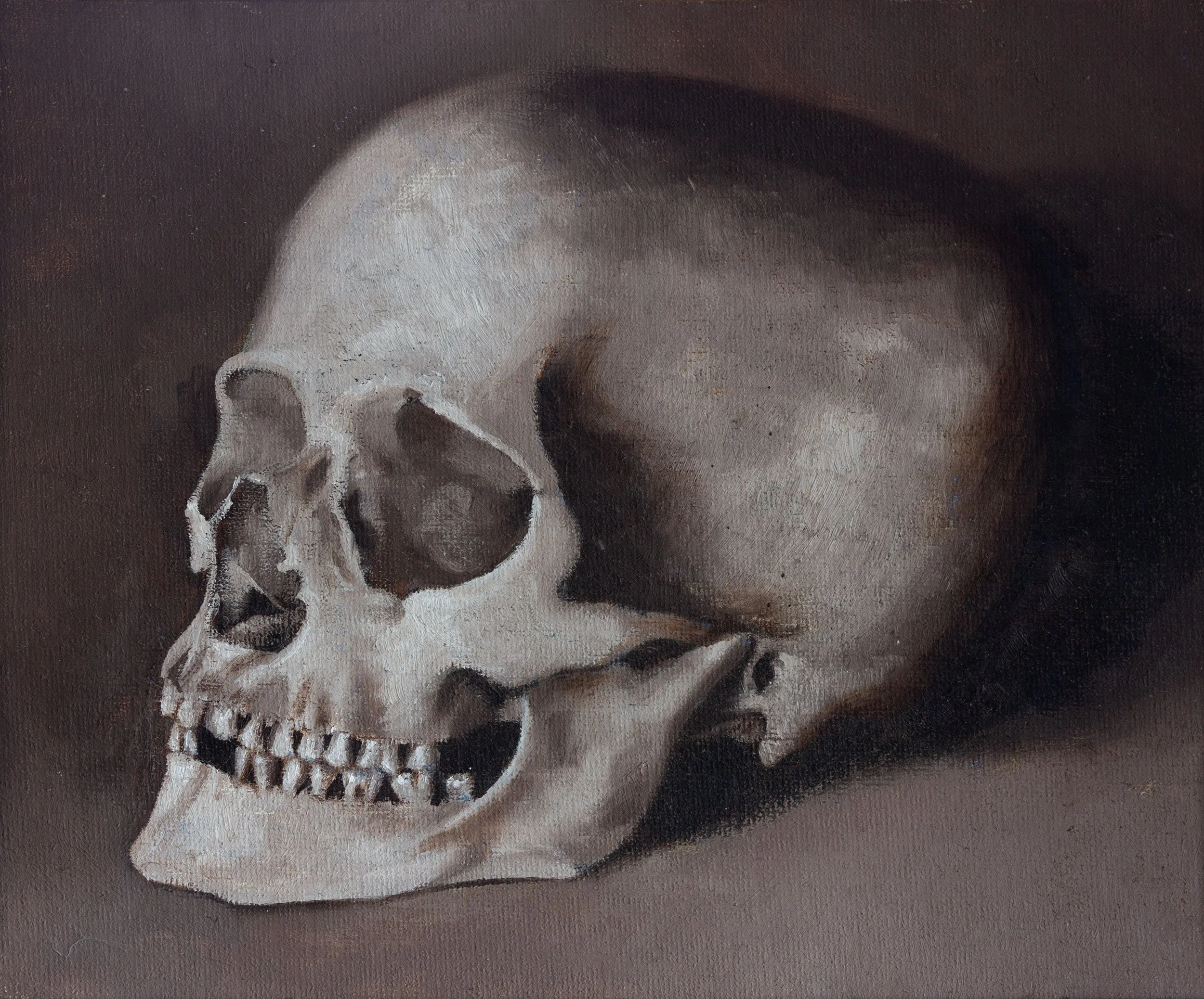 A painting of a human skull on a dark background.