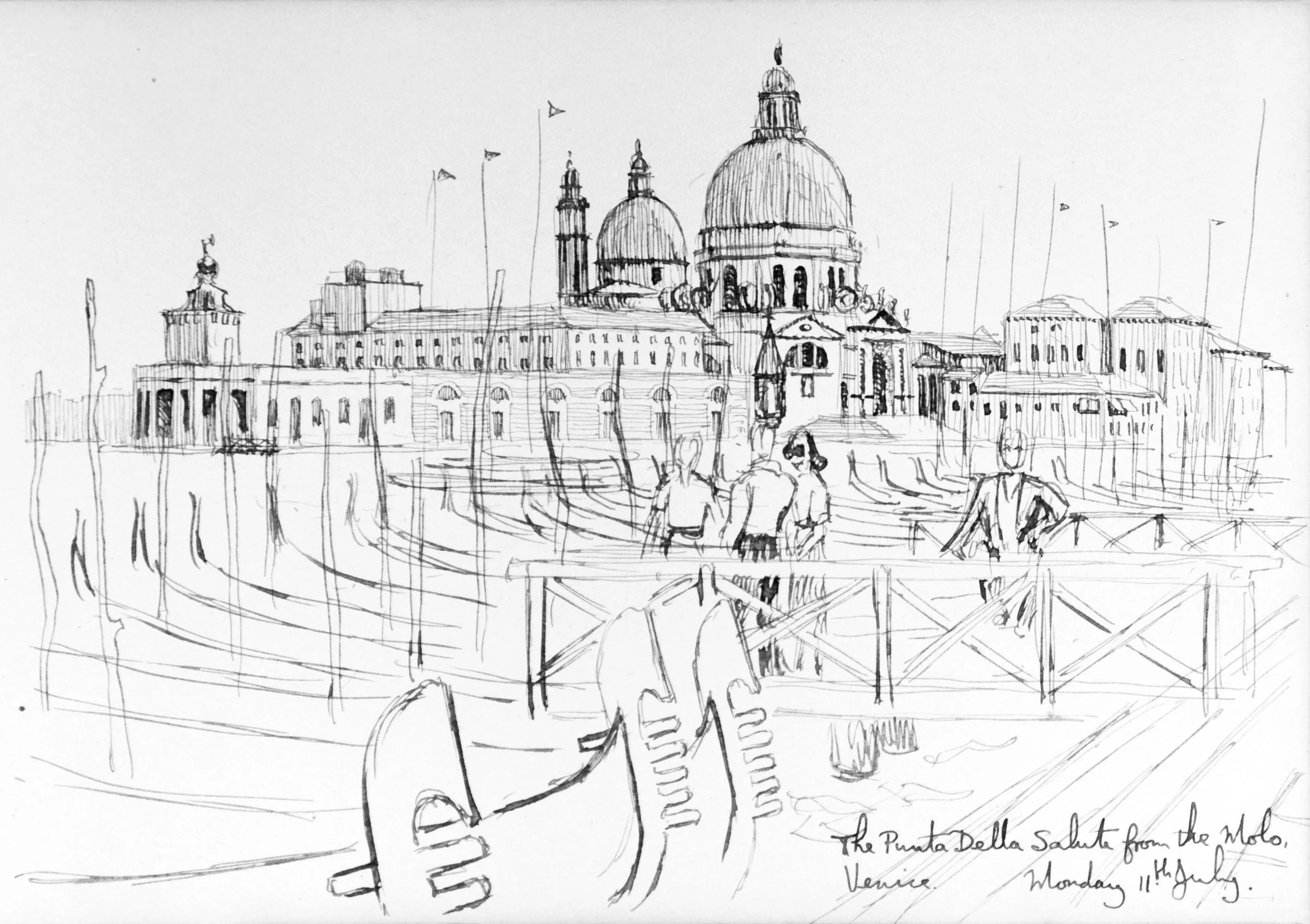 A sketch of the Punta della Salute in Venice, featuring domed and towered architecture, with people in the foreground.