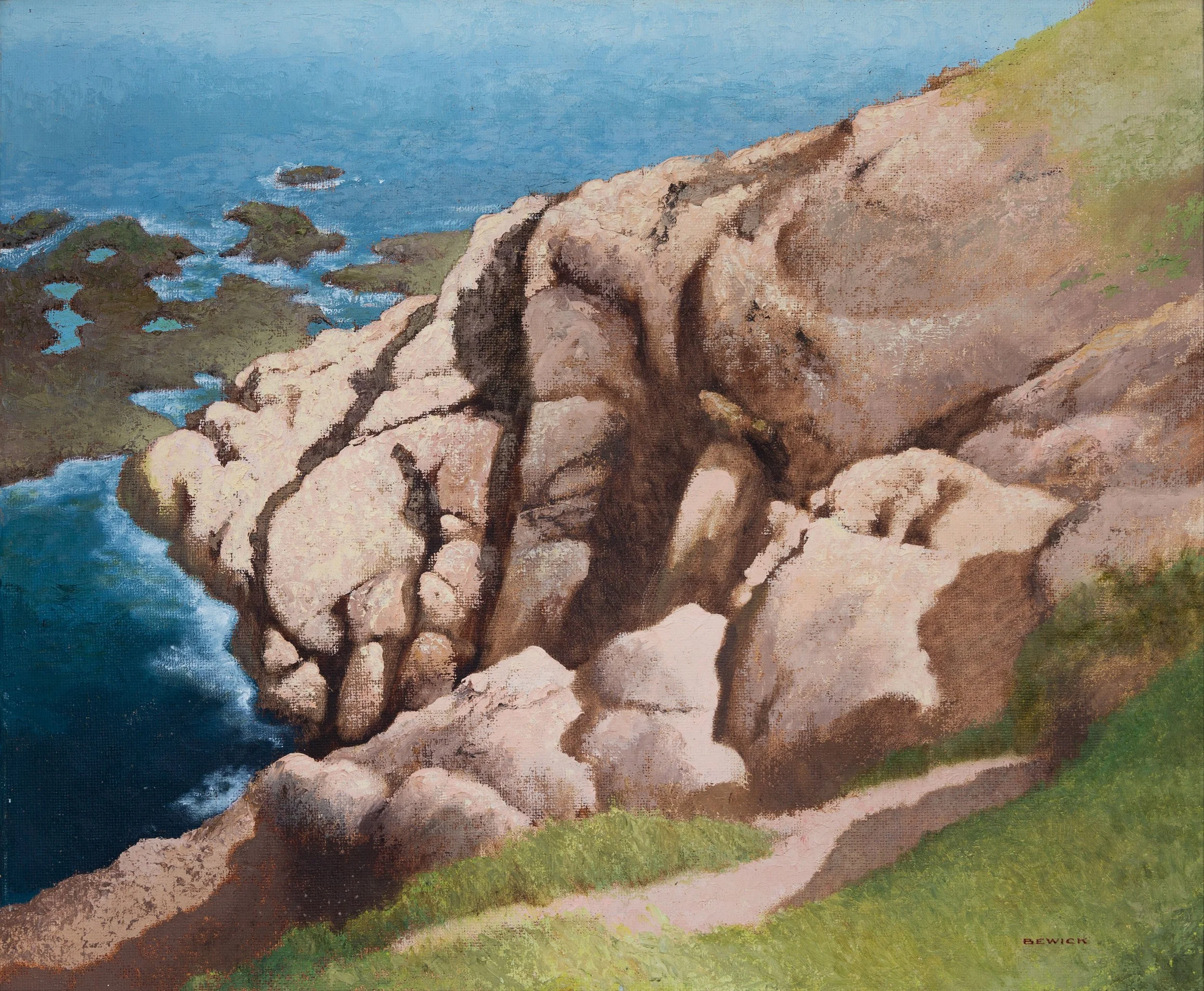 An impressionist painting of a rocky coastline with green grass, blue ocean, and sky in the background, signed by Lewick.
