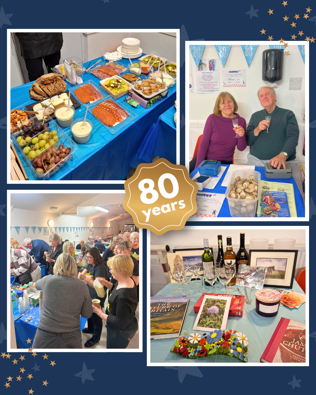 A collage of four images celebrating an 80-year anniversary event. The top left shows a table with various finger foods and snacks, including bread, meats, cheeses, grapes, and dips, all covered with a blue tablecloth. The top right features a woman and a man toasting with glasses of champagne, seated at a table with decorations and event materials, against a wall with blue pennant banners. The bottom left displays a crowded room with people socializing and enjoying drinks, with tables set with drinks and snacks. The bottom right shows a table with framed photos, wine bottles, glasses, books, and decorative items, including a colorful beaded bracelet.