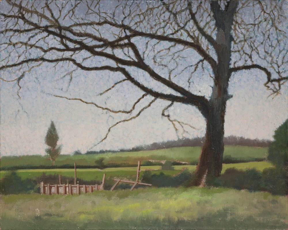A painting of a landscape featuring a large, leafless tree in the foreground, with a smaller tree in the background and a grassy field under a cloudy sky.