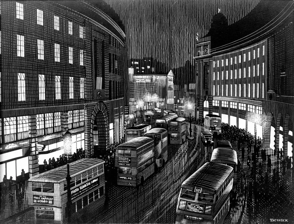 Black and white drawing of a busy city street scene at night, with tall buildings, streetlights, traffic, and buses.