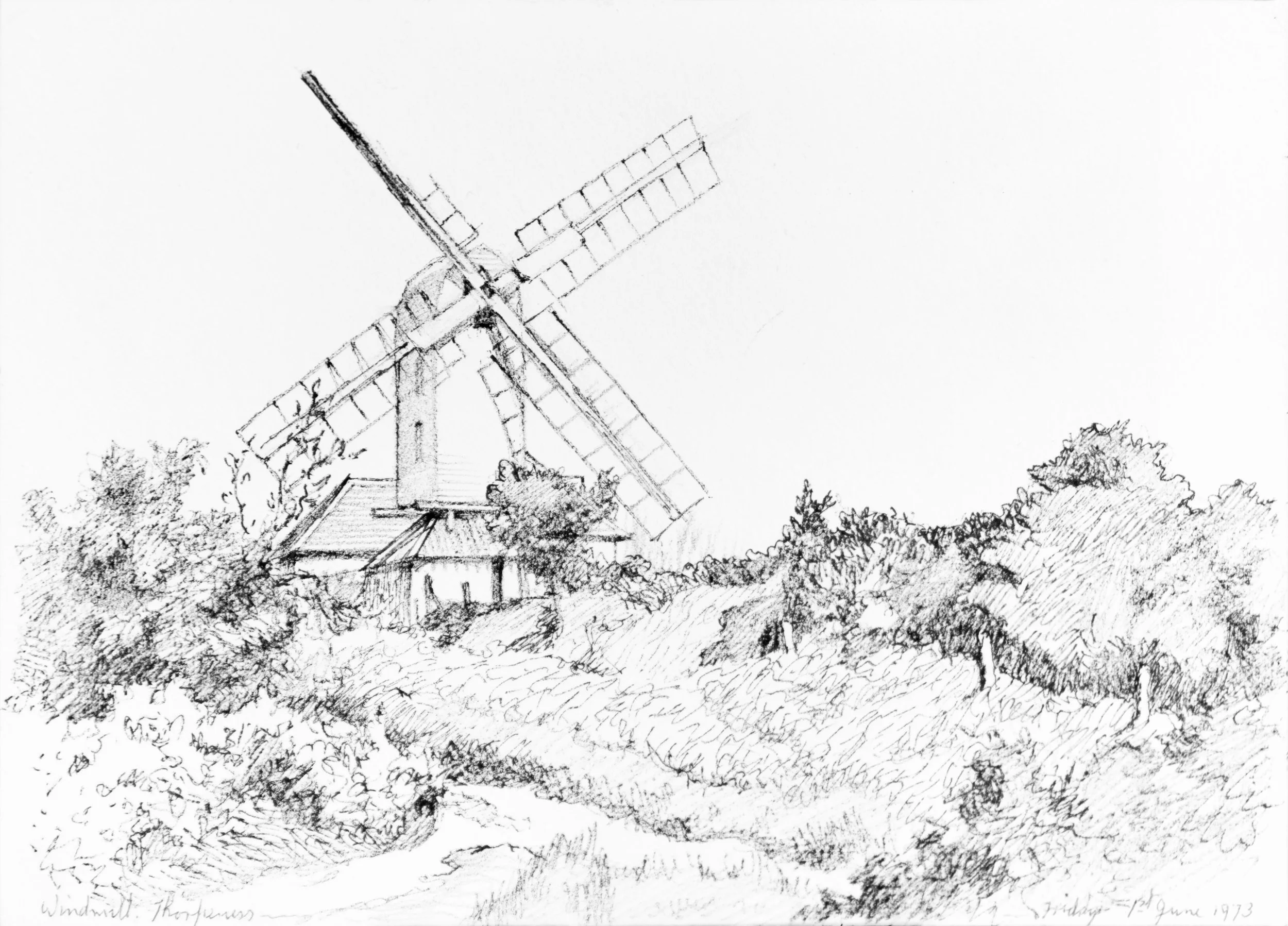 Black and white sketch of a windmill with four large blades, surrounded by trees and bushes, under a clear sky.
