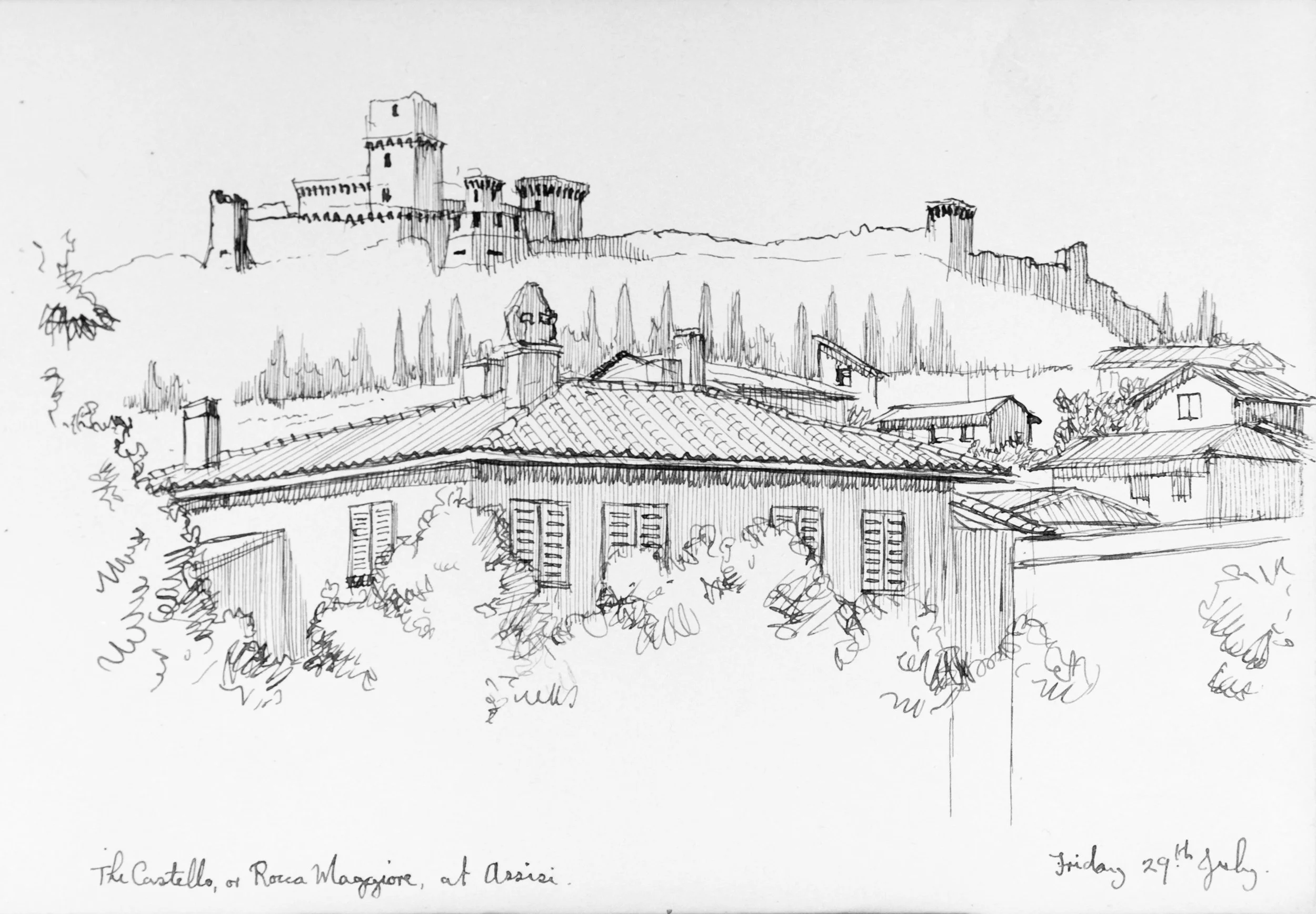 A sketch of a castle on a hill with several towers, overlooking rooftops and trees, with handwritten notes at the bottom mentioning "The Castello, or Roca Maggiore, at Assisi" and a date of "Friday 29th July."