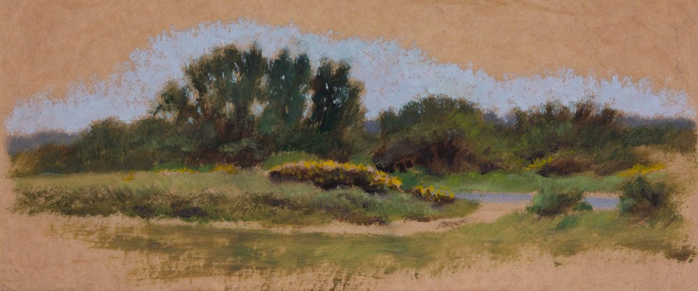 Pastel landscape painting of trees and bushes near a water body, with a beige sky.