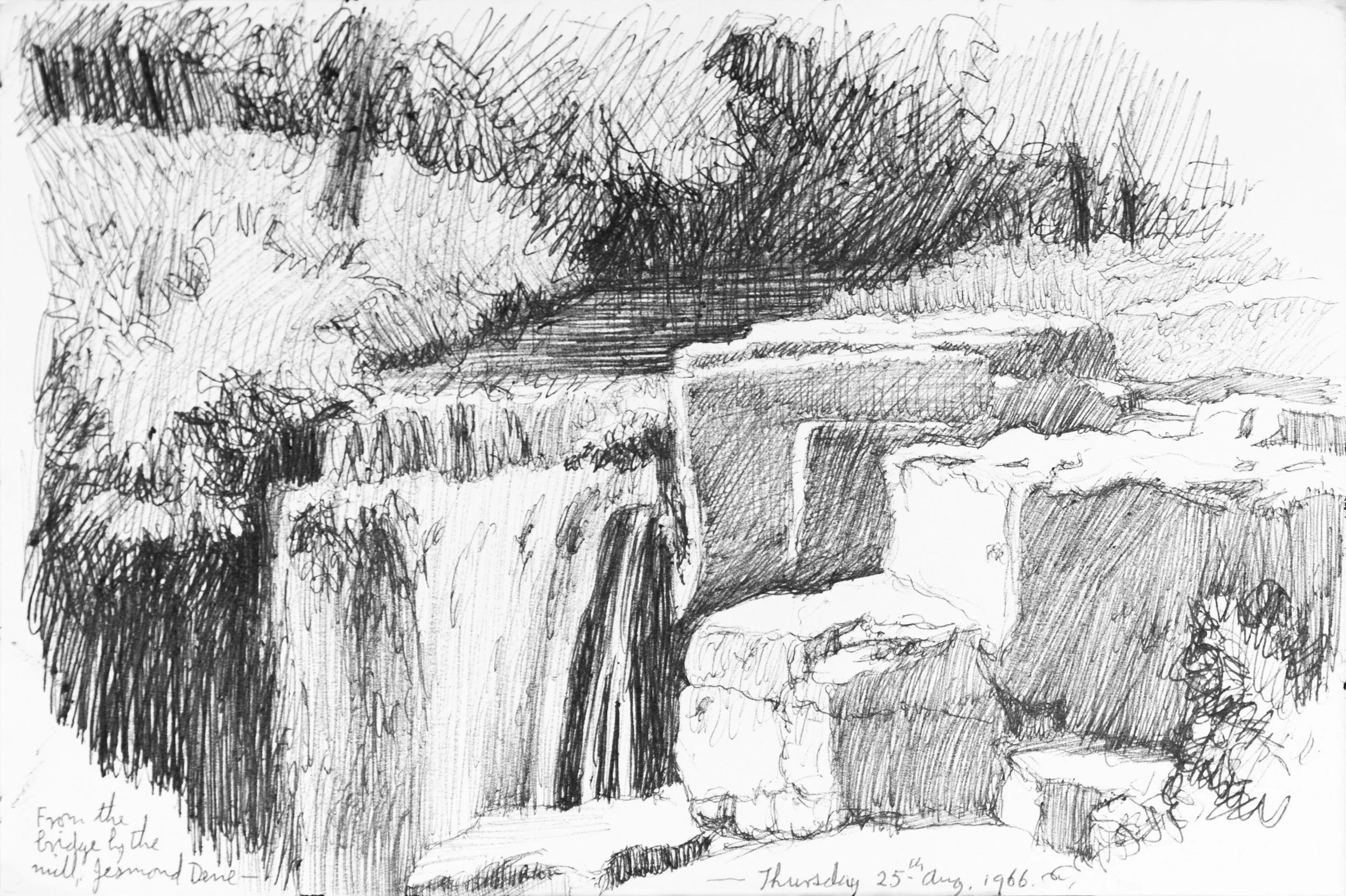 A monochrome ink sketch of a landscape with trees and a body of water, with handwritten notes at the bottom.