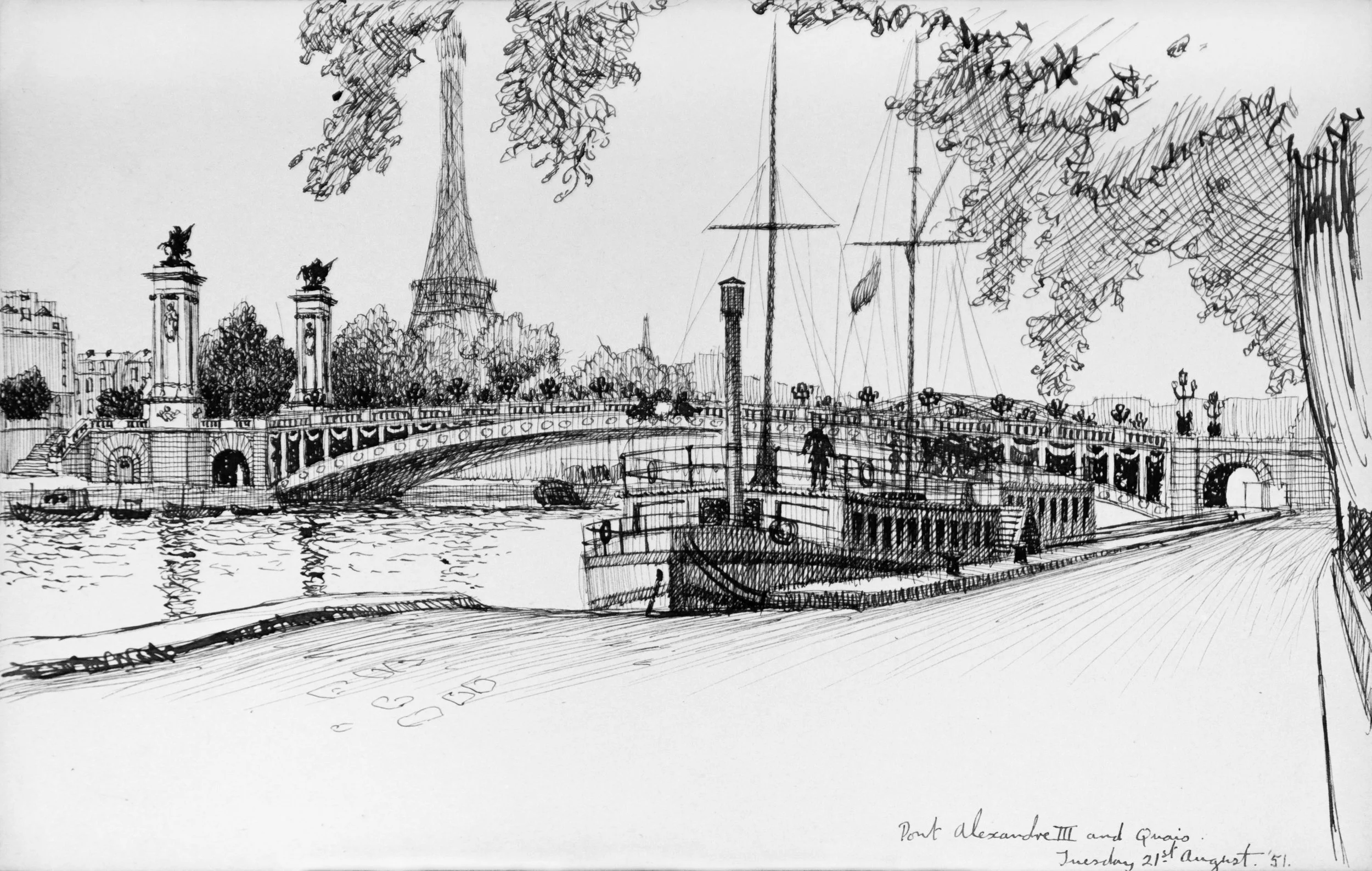 A detailed black and white ink drawing of a city scene featuring a bridge over water, trees, and various buildings. The drawing includes a tall chimneystack, statues on columns, and boats on the river. The artist's handwritten notes are visible at th