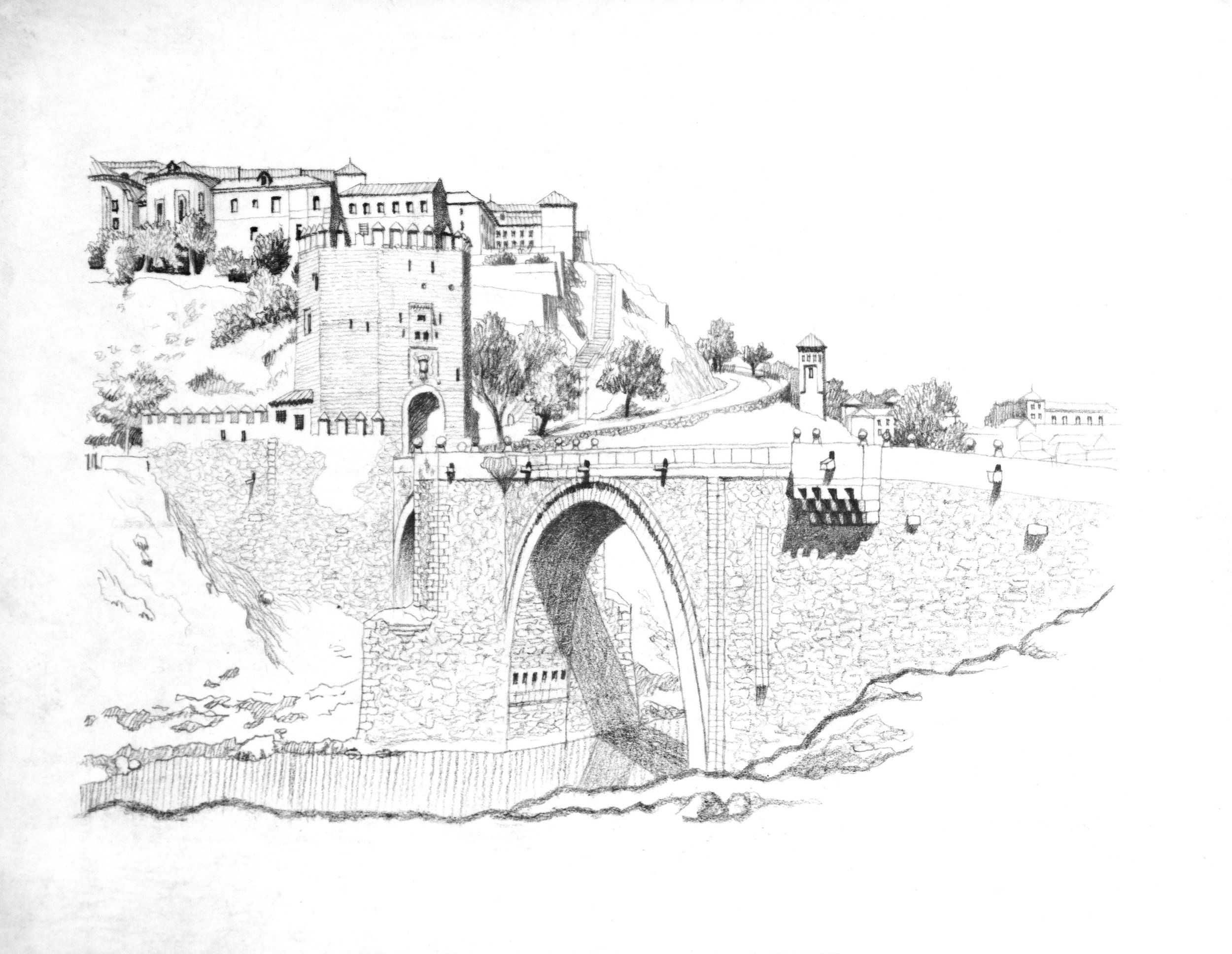 A detailed black and white sketch of a historical European castle or fortress on a hill, with a stone bridge and archway in the foreground, and a landscape with trees and additional buildings in the background.