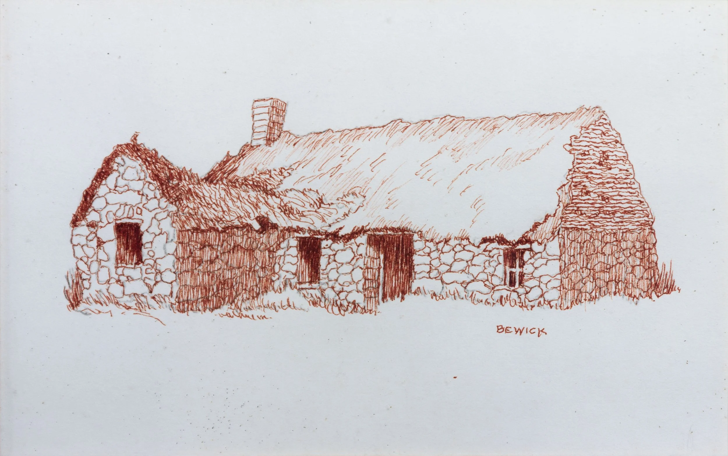 A detailed sketch of an old stone house with a thatched roof and a chimney, signed by the artist BEWICK.