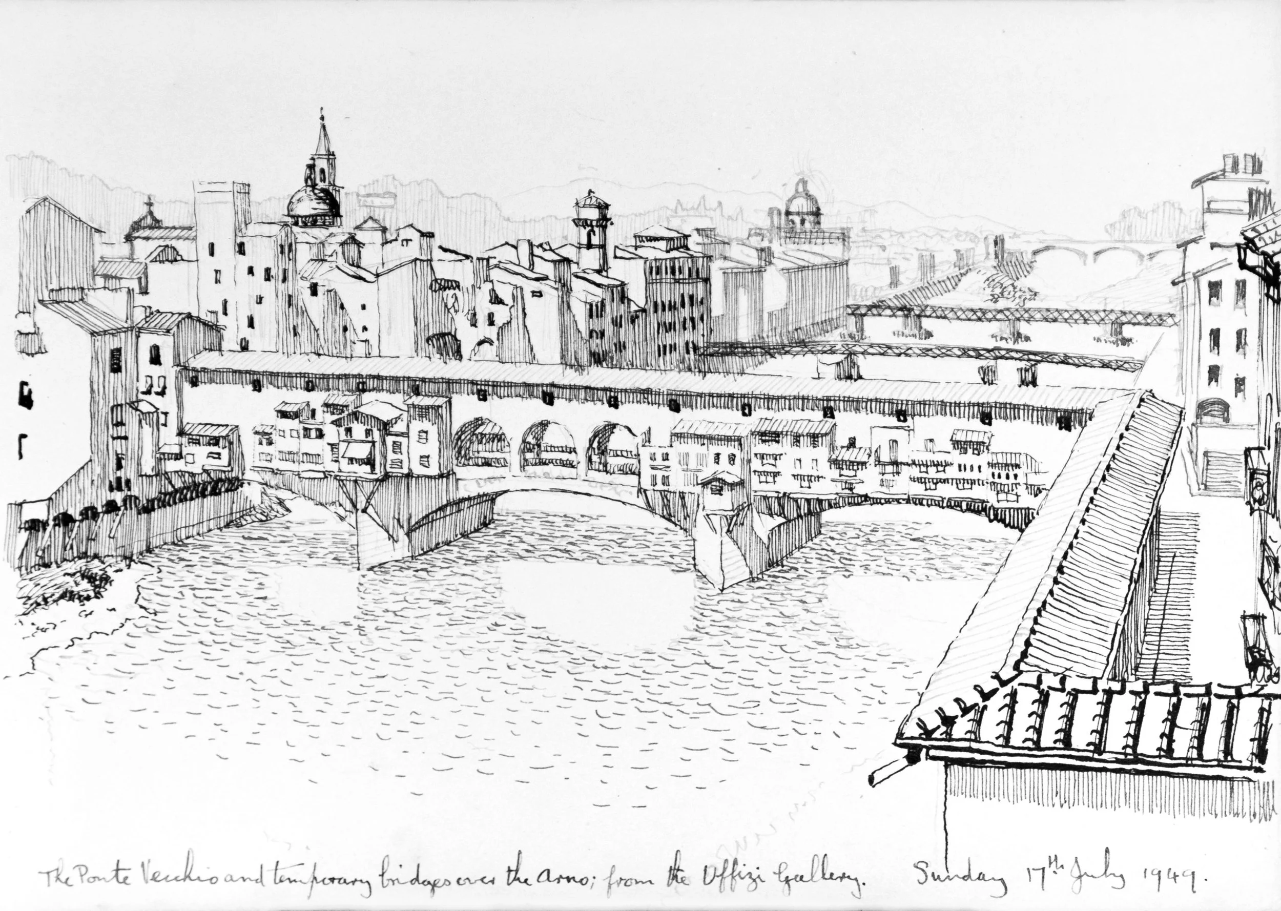 A black and white sketch of a cityscape featuring various buildings, church steeples, and a bridge over a river, with a handwritten note at the bottom referencing the Ponte Vecchio and a specific date.