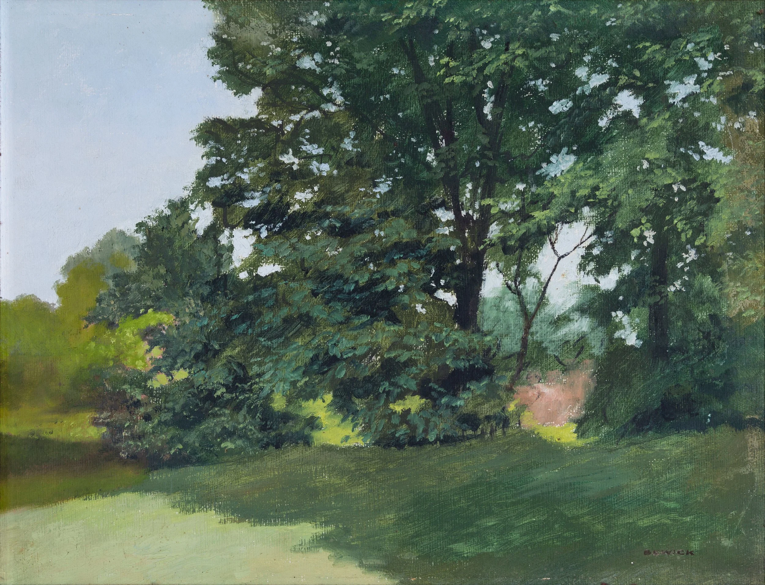 A painting of a large green tree with a clear blue sky in the background, with layers of leaves and patches of sky visible through the branches.