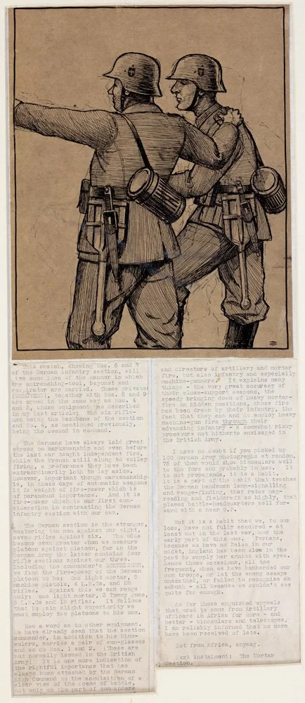 Drawing of two soldiers in uniform pointing and talking, wearing helmets and carrying gear.